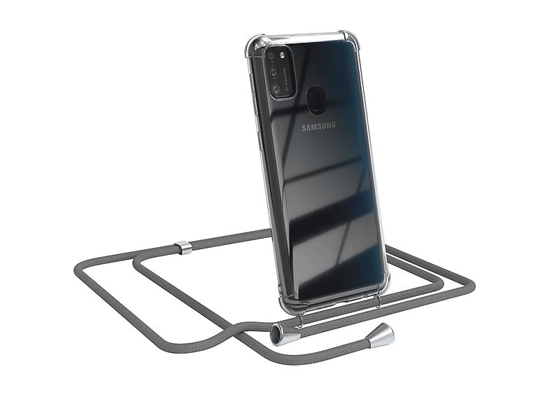 EAZY CASE Grau Cover mit Umhängeband, Umhängetasche, Clear / Silber M21, Clips / Galaxy Samsung, M30s