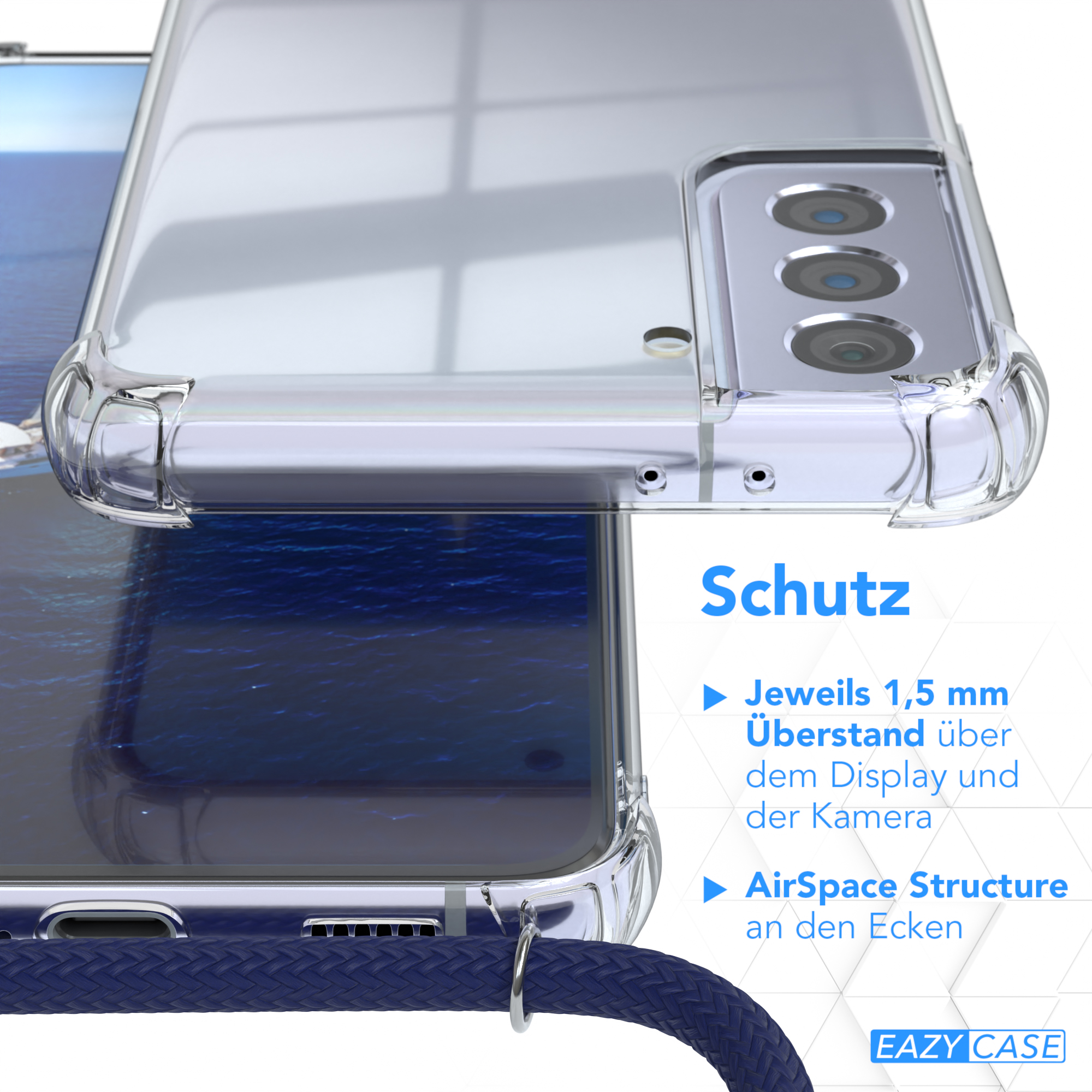 Transparente Handyhülle auf einem Telefon. Blau/schwarzes Seil am Telefon befestigt. Text: Schutz, AirSpace Structure.
