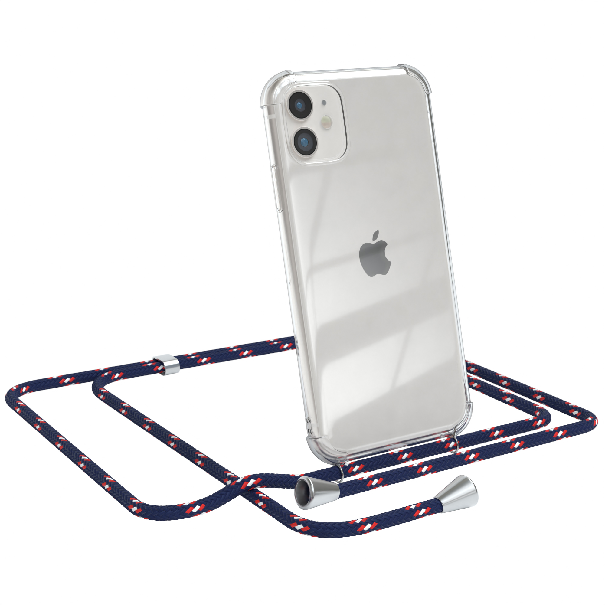 Transparente Handyhülle mit blauem, rotem und weißem Band. Apple-Logo sichtbar. Weißer Hintergrund.