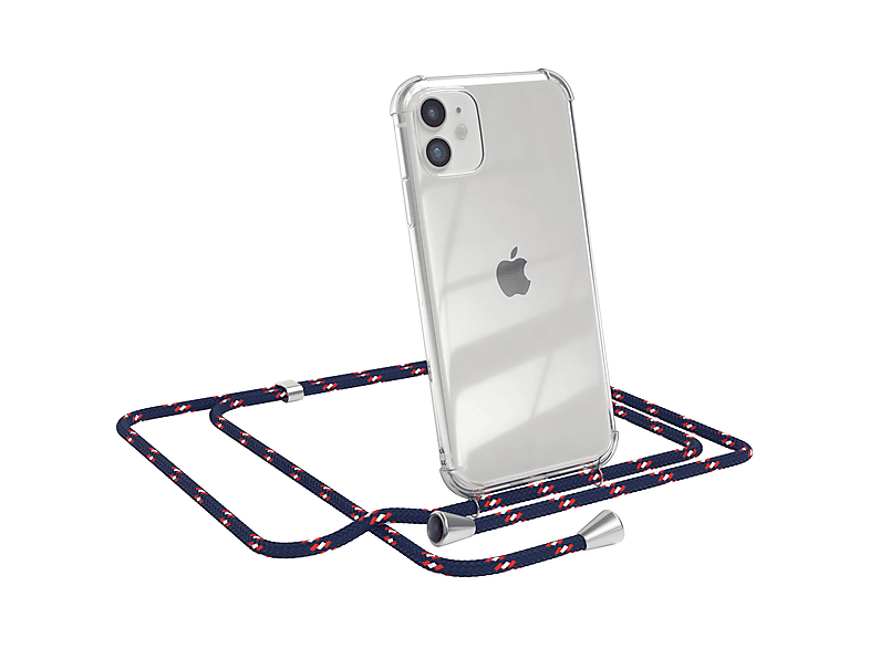 EAZY CASE Clear Cover mit Umhängeband, Umhängetasche, Apple, iPhone 11, Blau Camouflage / Clips Silber
