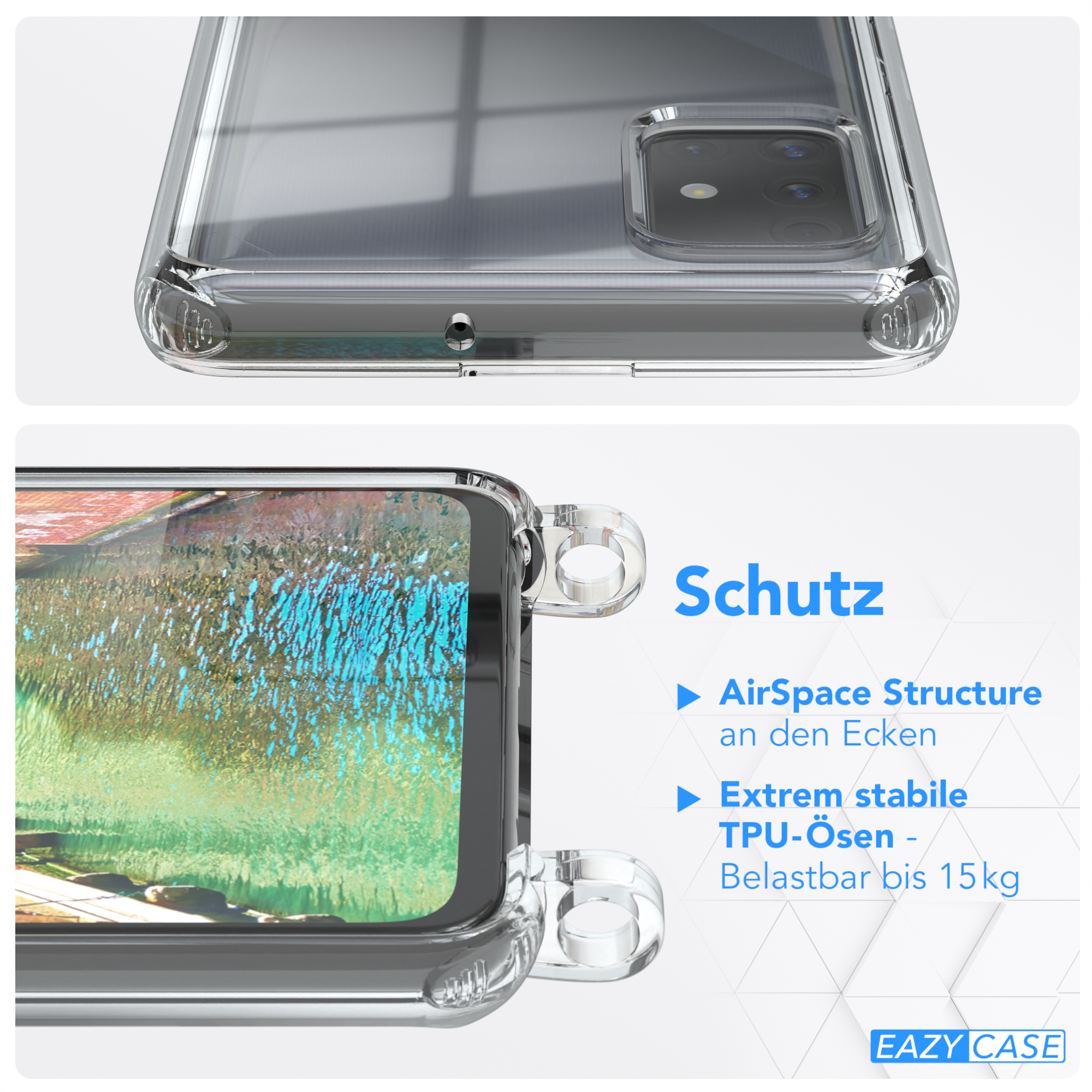 Transparente Handyhülle mit Telefon darin. Text sagt 'Schutz', 'AirSpace Structure' und 'TPU-Ösen'.