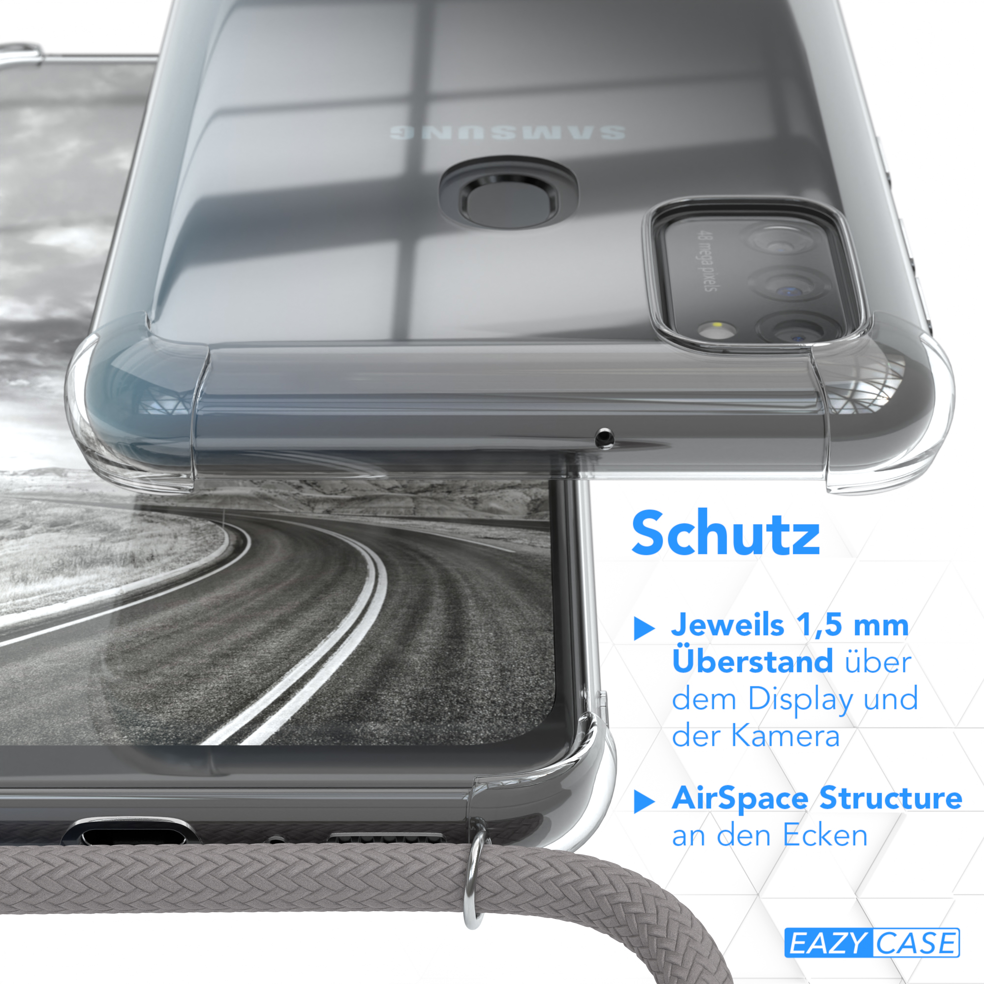 Nahaufnahme einer Handyhülle mit Straßenmotiv. Text zu Schutzfunktionen vorhanden.