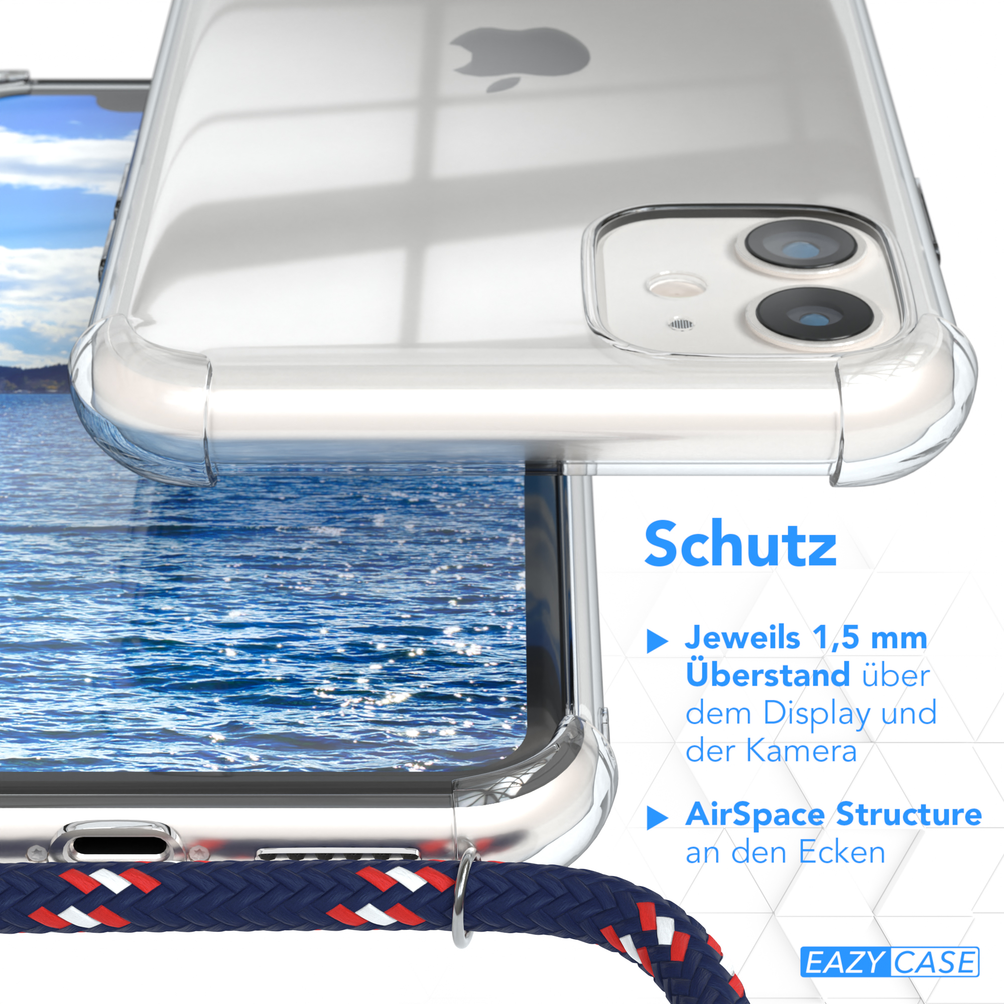 Transparente Handyhülle auf einem Telefon mit rot-weiß-blauer Kordel.