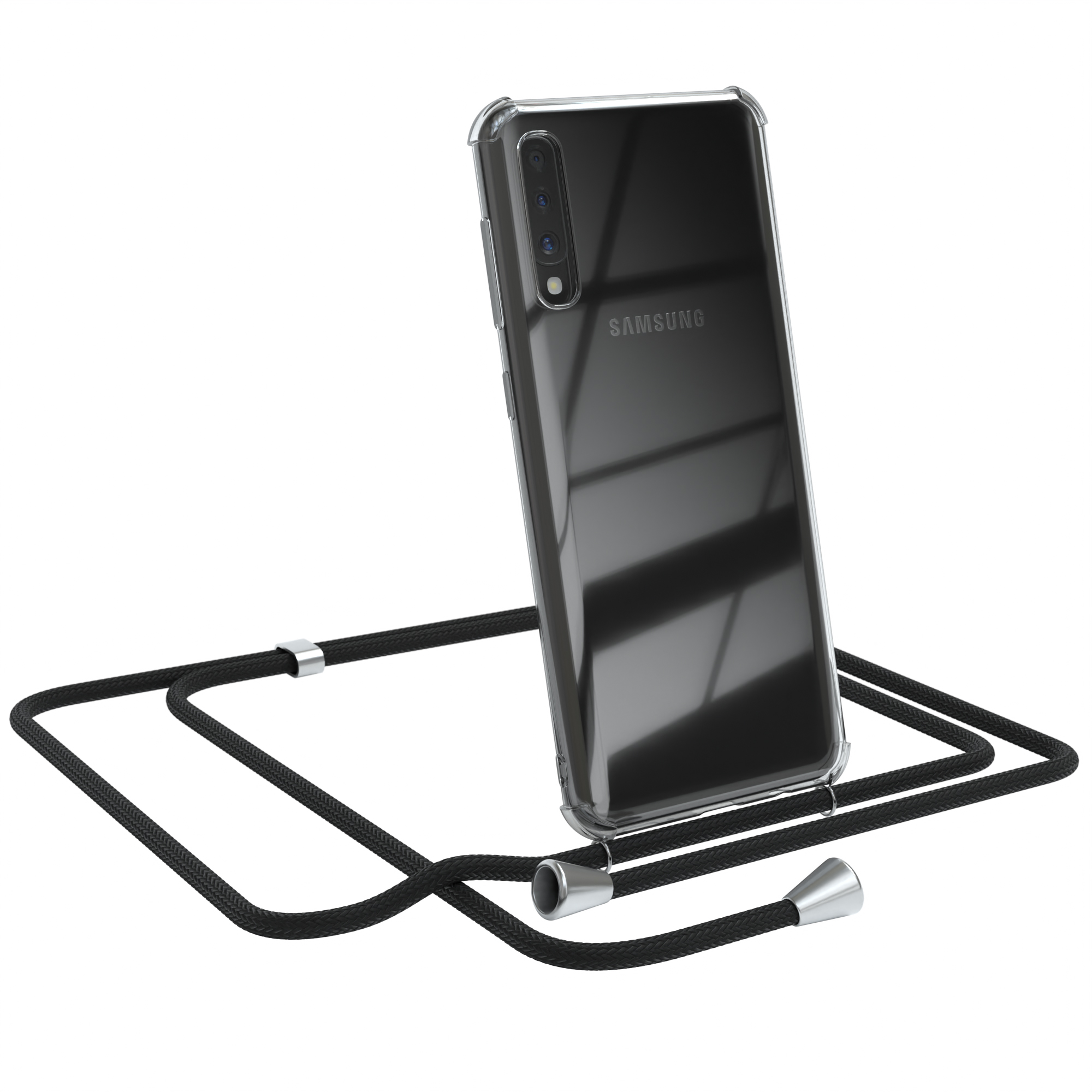 Eine transparente Handyhülle mit schwarzem Umhängeband. Ein Samsung-Telefon ist darin.