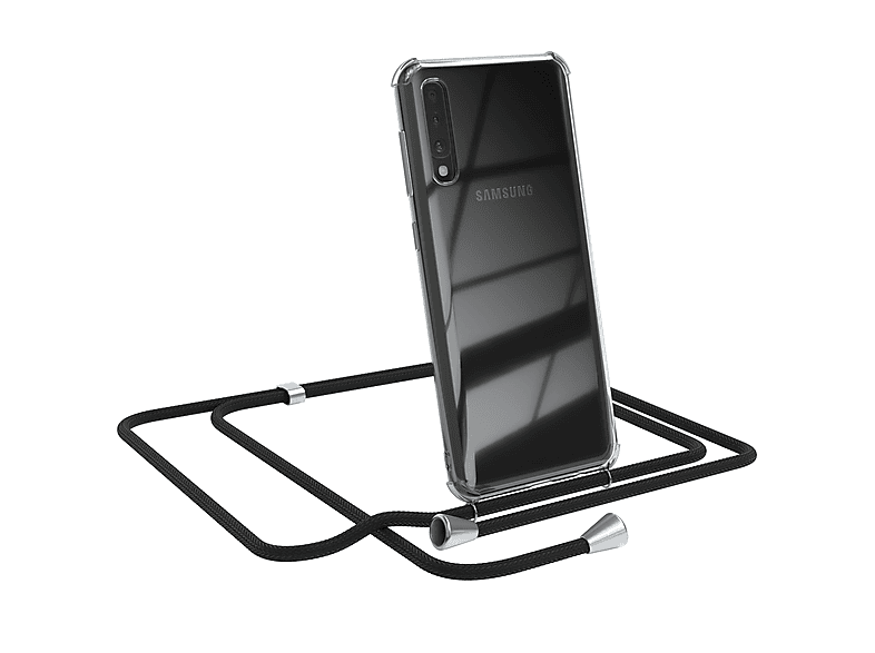 EAZY CASE Clear Cover mit Umhängeband, Umhängetasche, Samsung, Galaxy A50 / A50s / A30s, Schwarz / Clips Silber