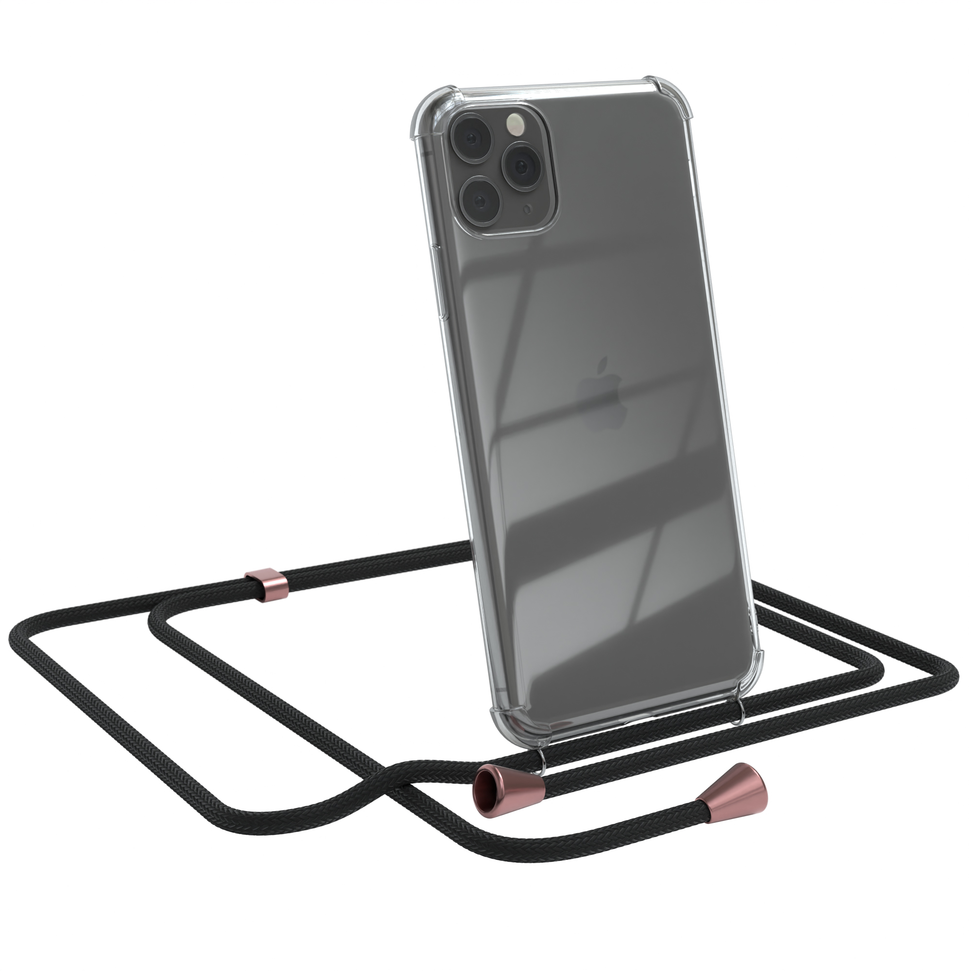 Klare Handyhülle mit schwarzem Kabel. Telefon ist abgewinkelt. Weißer Hintergrund.