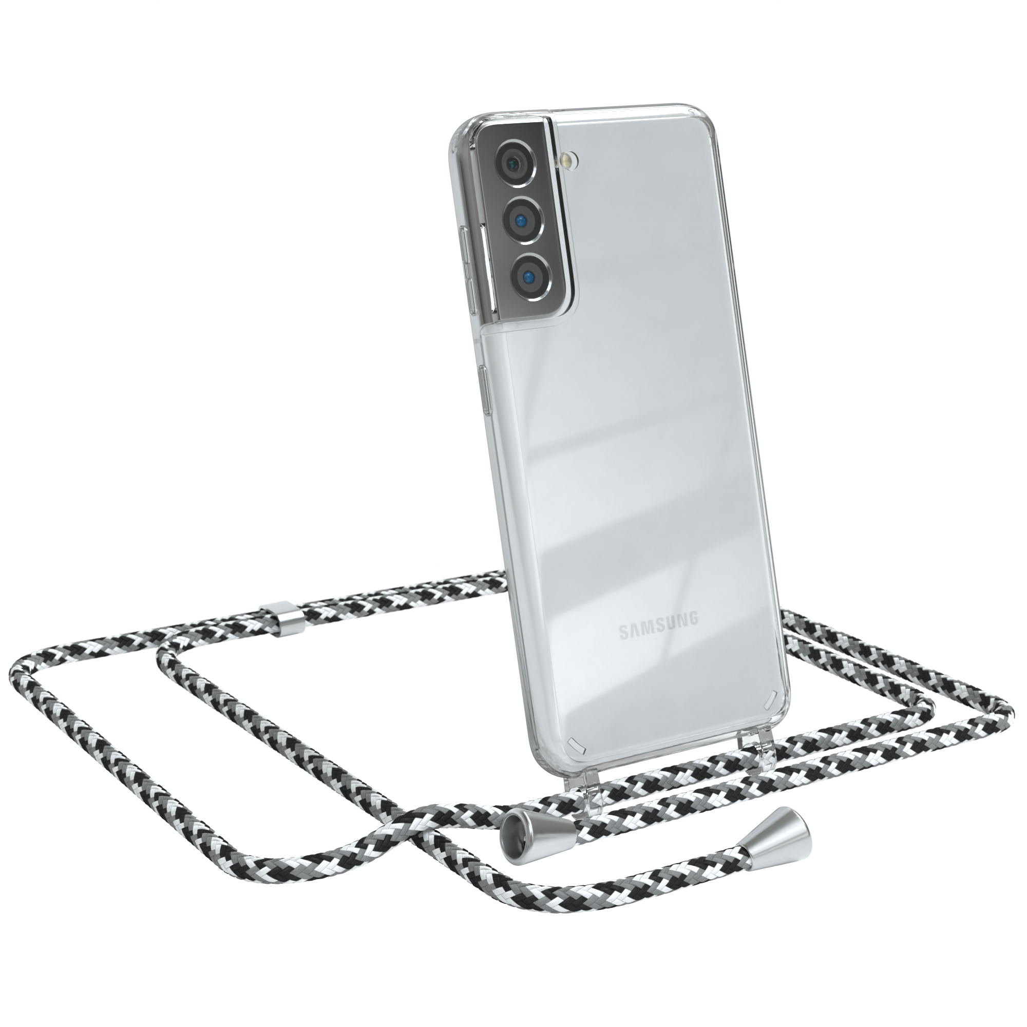 Ein Samsung-Telefon in einer transparenten Hülle mit schwarz-weißem Riemen. Weißer Hintergrund.