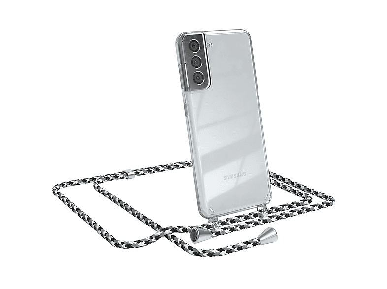 EAZY CASE Clear Cover mit Umhängeband, Umhängetasche, Samsung, Galaxy S21 5G, Schwarz Camouflage / Clips Silber
