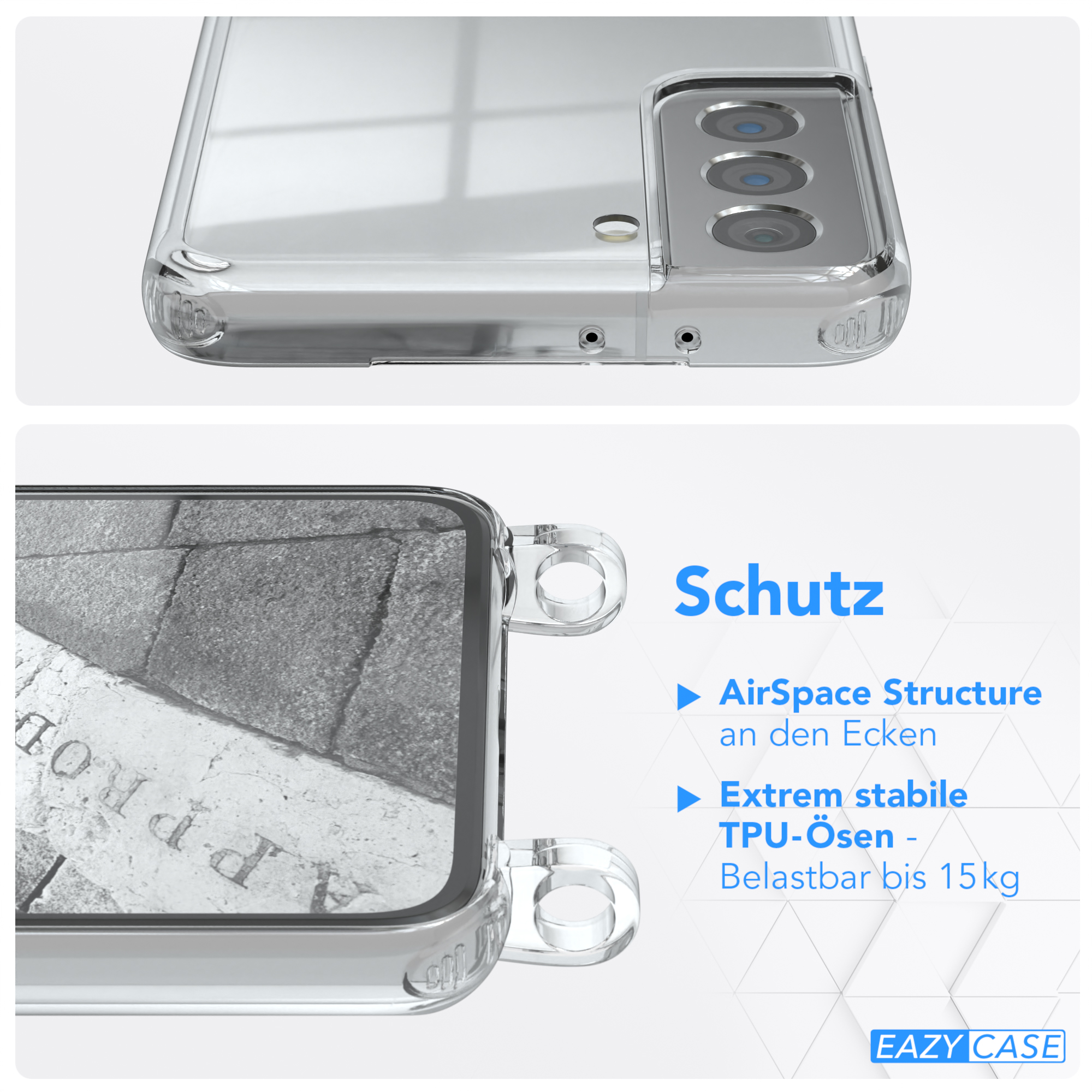 Nahaufnahme der Handyhülle mit Text über Schutzfunktionen: AirSpace Structure und TPU.