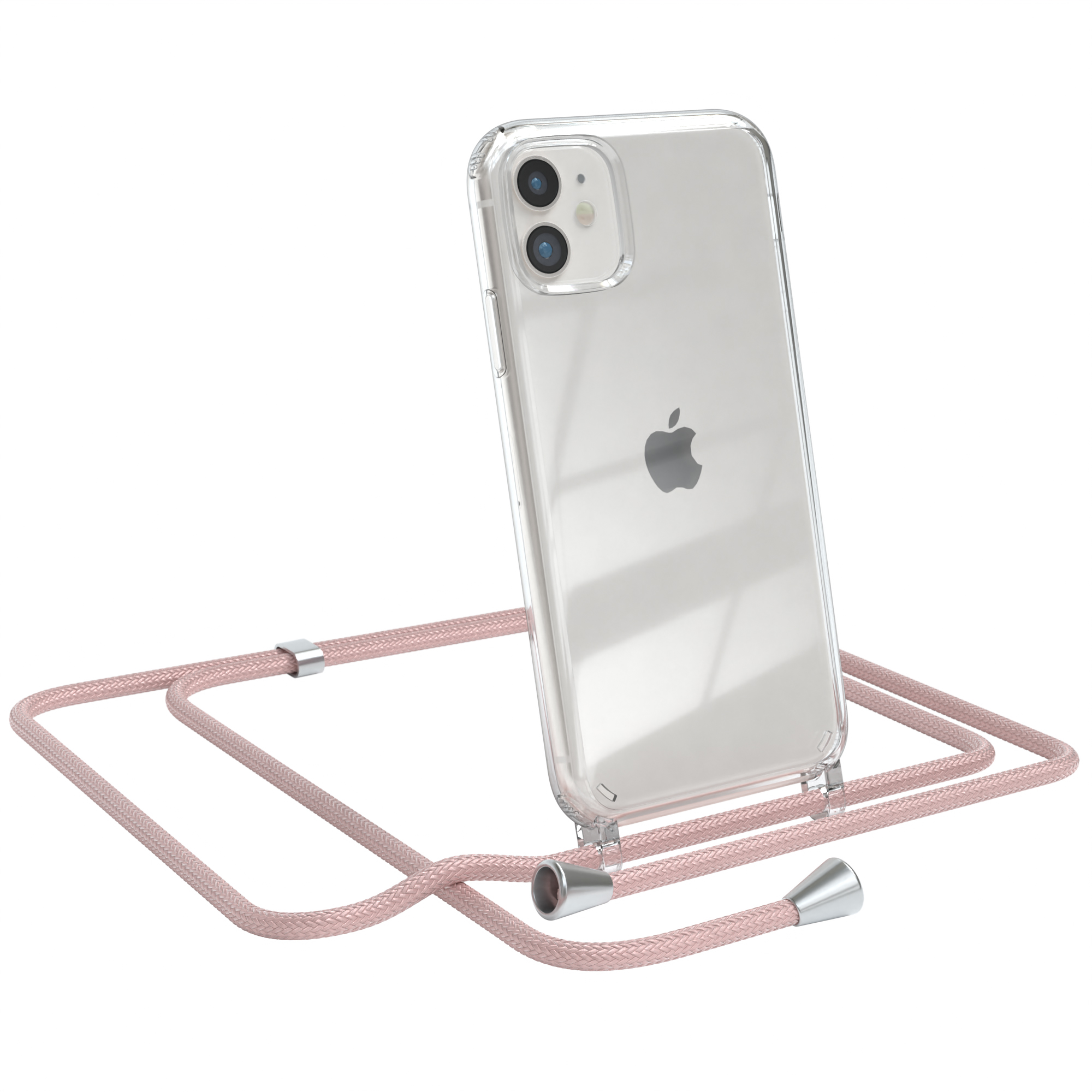 Transparente Handyhülle mit rosa Kordel. Apple-Logo sichtbar. Weißer Hintergrund.
