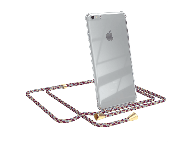 EAZY CASE Clear Cover mit Umhängeband, Umhängetasche, Apple, iPhone 6 Plus / 6S Plus, Rot Beige Camouflage / Clips Gold