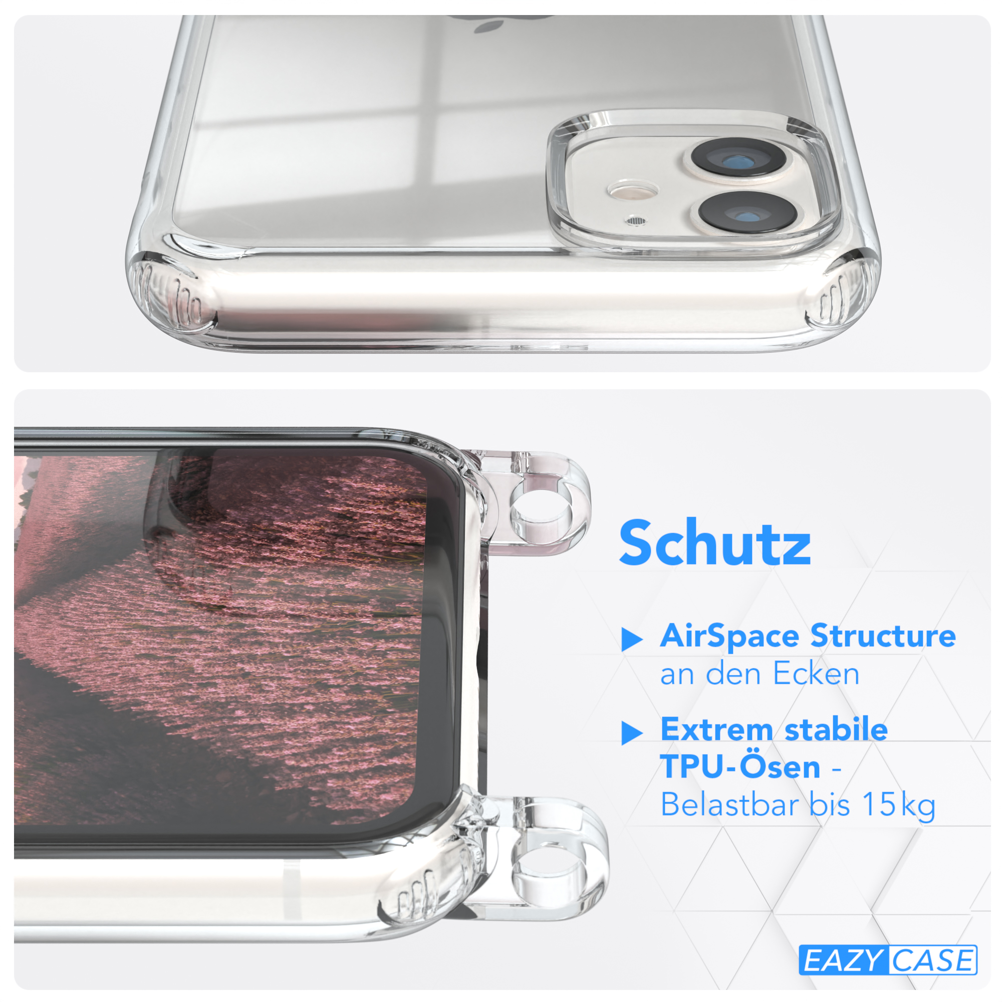 Transparente Handyhülle mit transparentem Rücken. Details umfassen die Kamera und den Rand der Hülle.