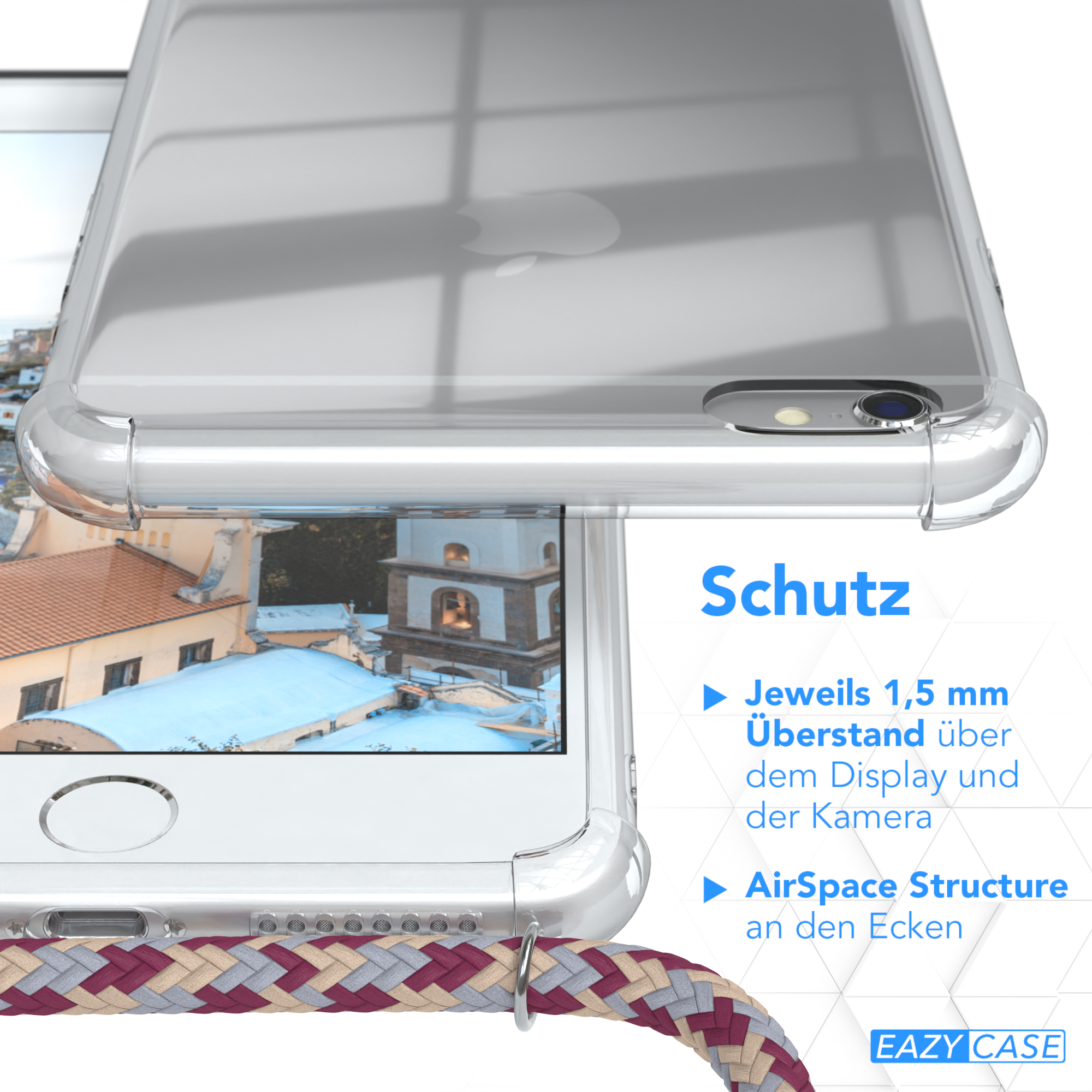Nahaufnahme zeigt eine Handyhülle mit Telefon. Text hebt Gehäusemerkmale hervor.
