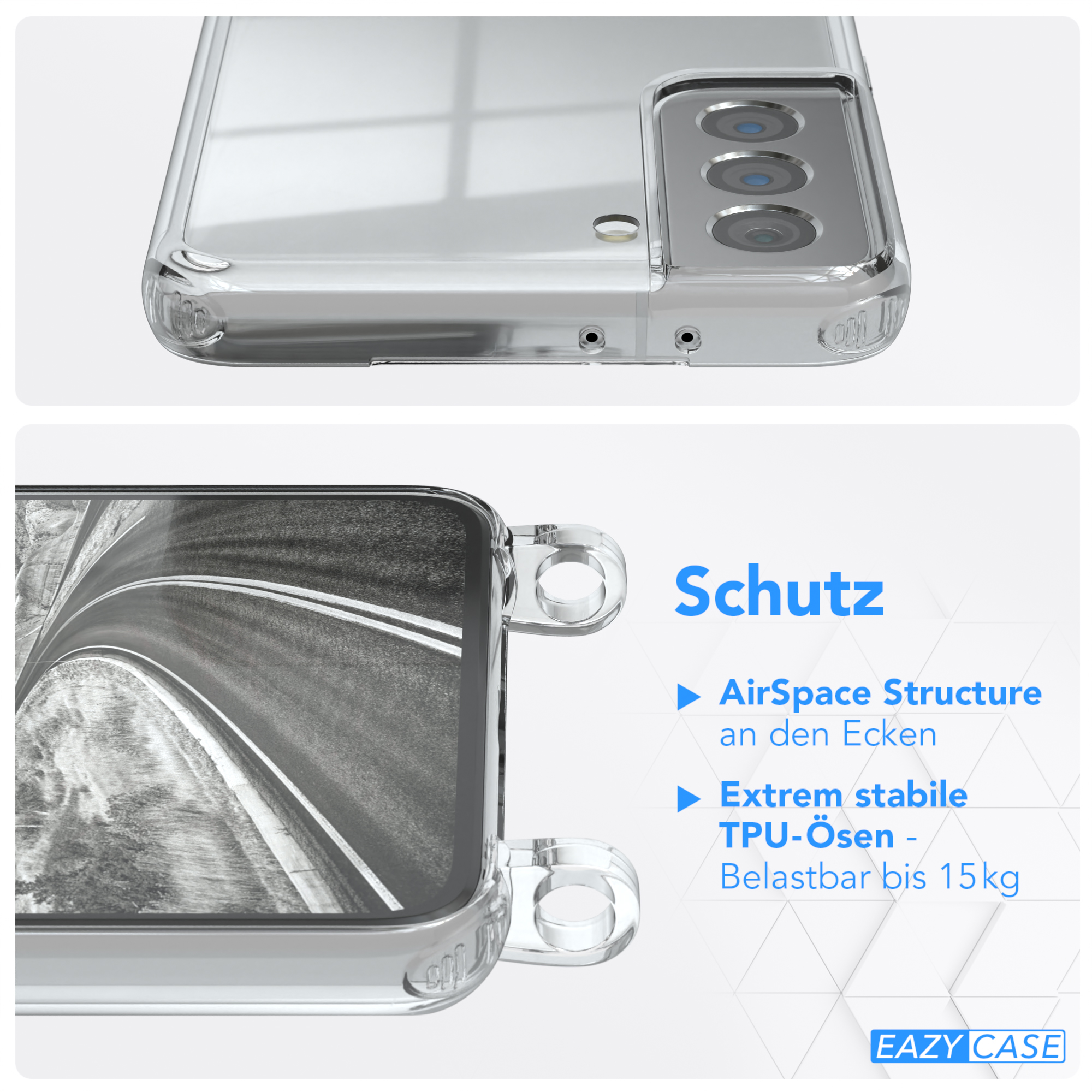 Transparente Handyhülle mit Text: Schutz, AirSpace Structure an den Ecken und TPU-Ösen, belastbar bis 15 kg.