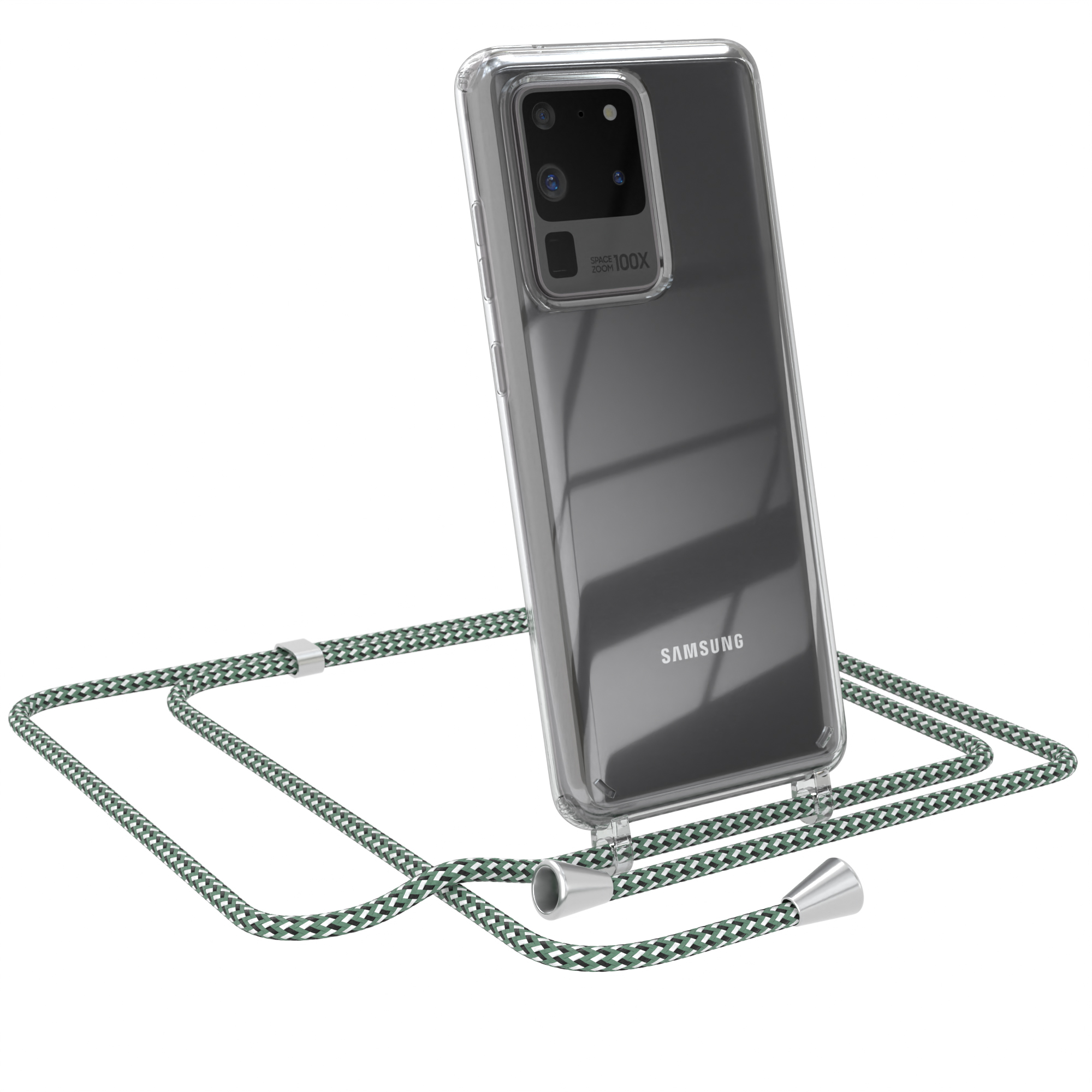 Samsung-Telefon mit transparenter Hülle und grünem Umhängeband. Telefon ist schwarz.