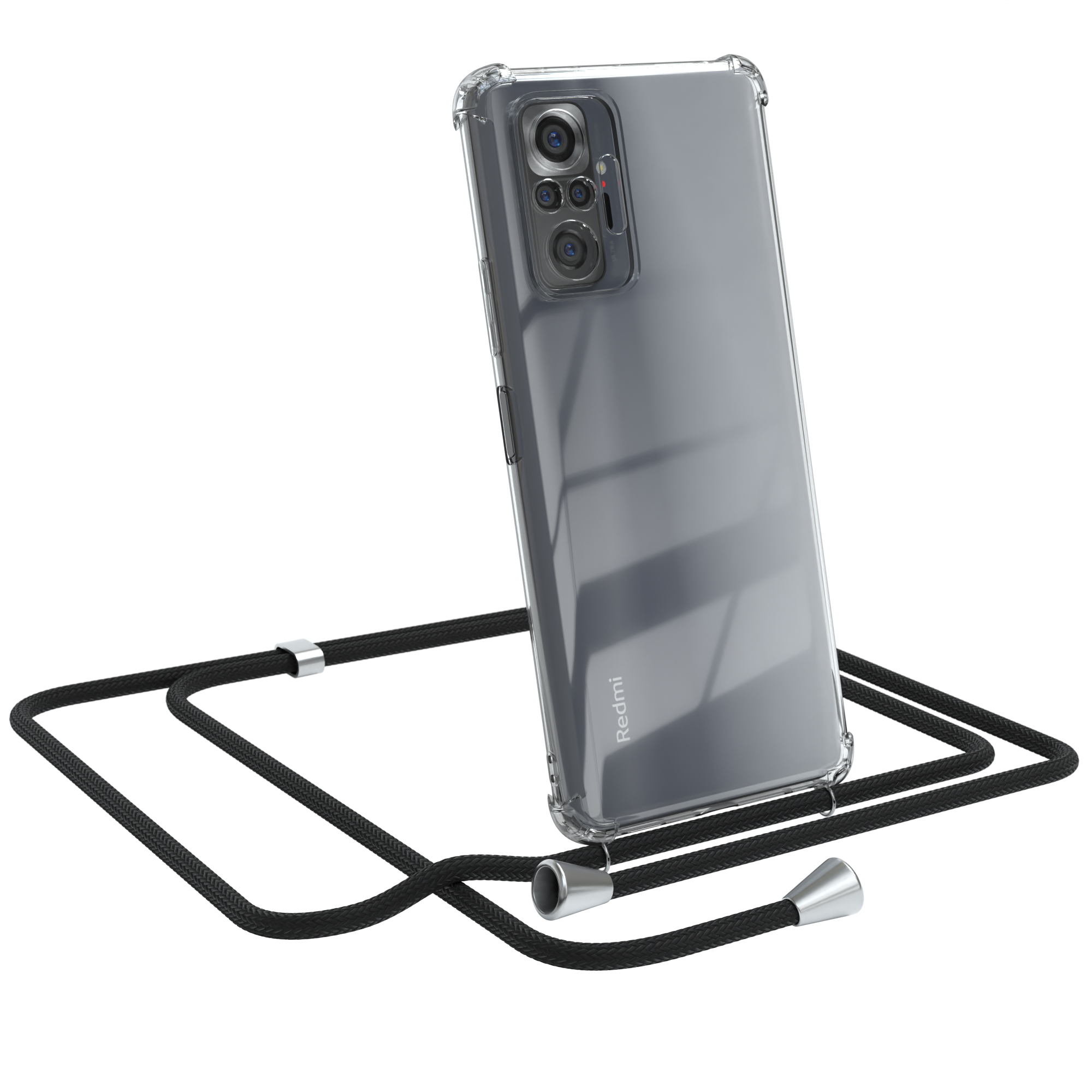 Transparente Handyhülle mit schwarzem Umhängeband. Redmi-Logo sichtbar. Weißer Hintergrund.