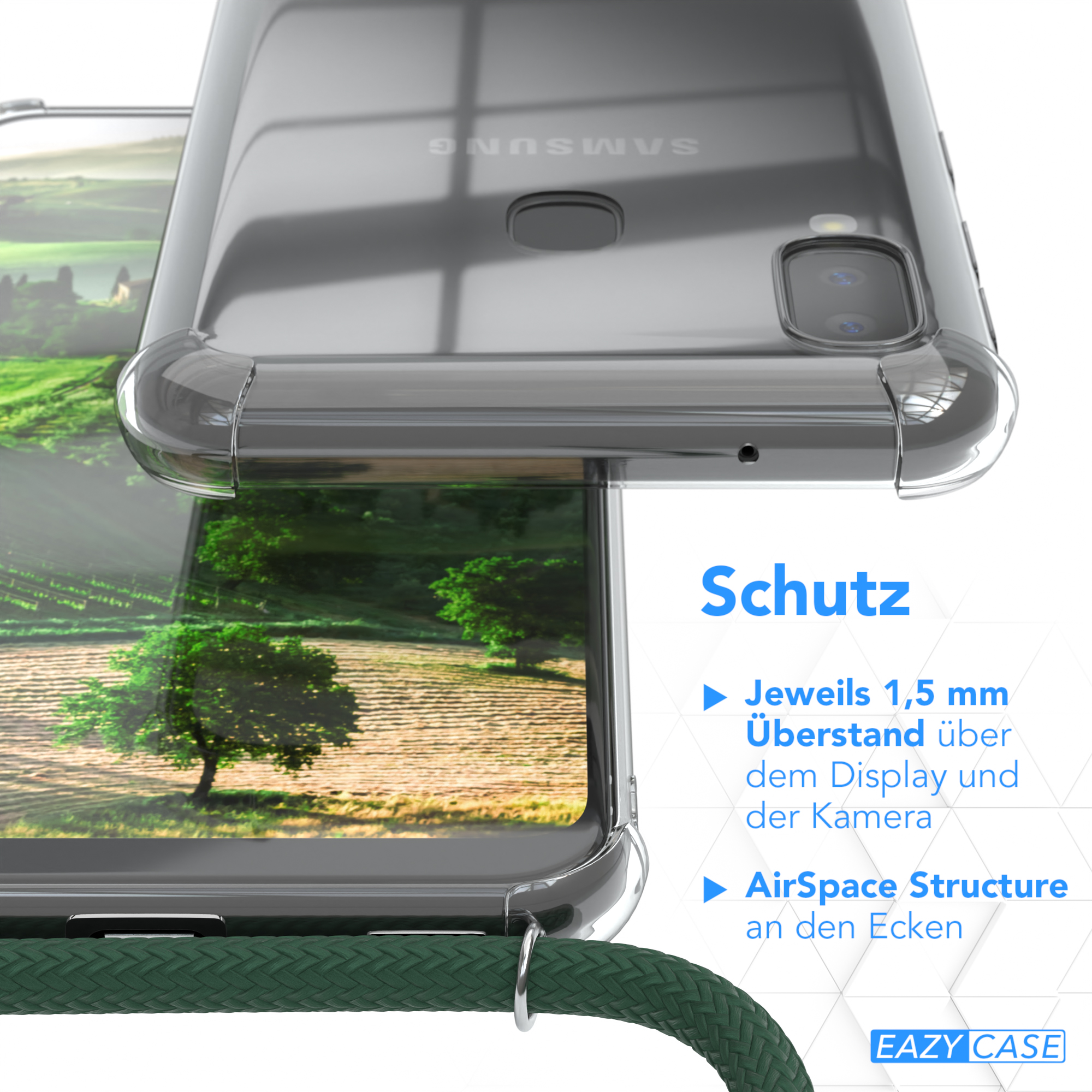 Transparente Handyhülle mit grünem Gurt. Zeigt die Schutzfunktionen mit Logo.