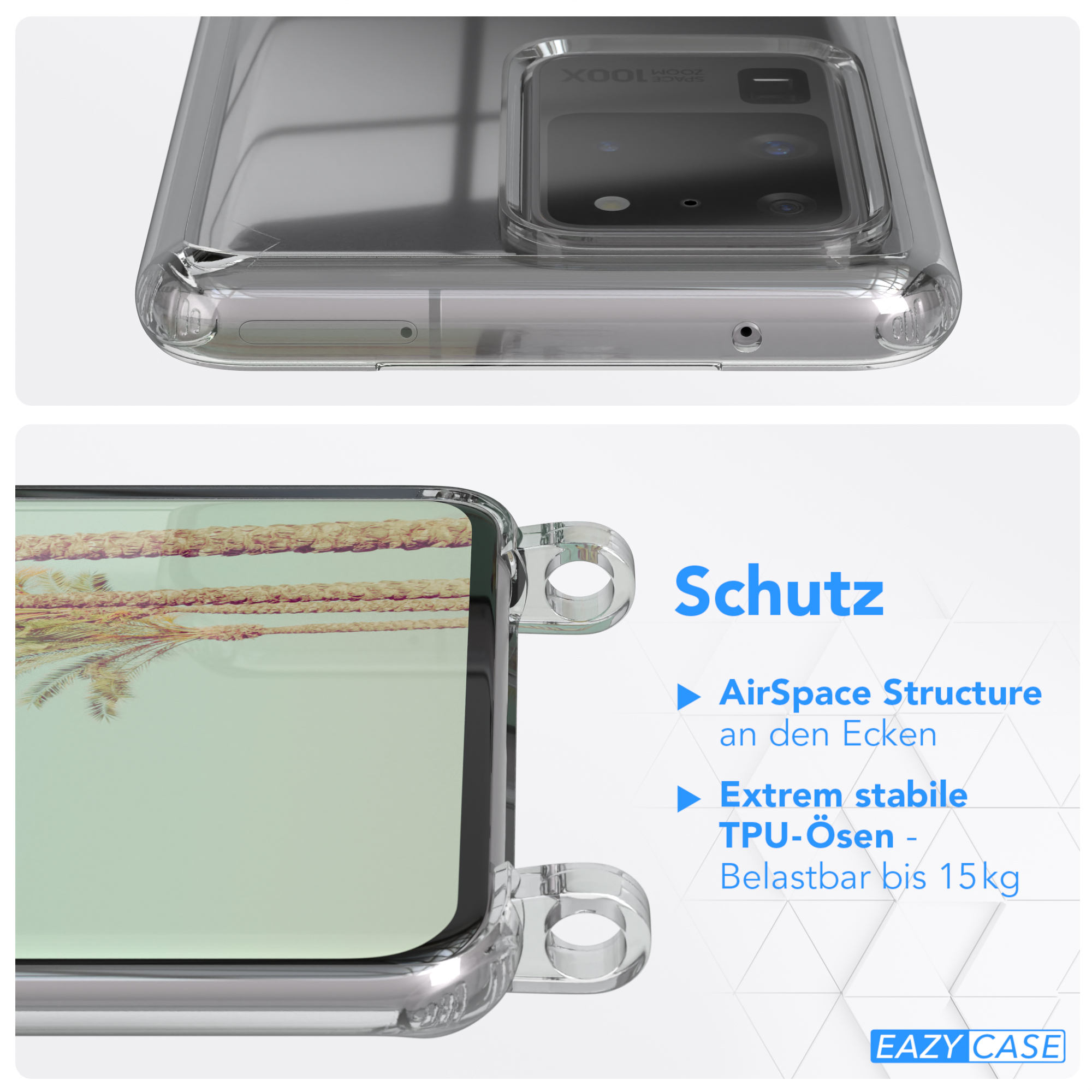 Transparente Handyhülle mit Text. Nahaufnahme des Randes der Hülle. Ein Wasserhintergrund ist sichtbar.