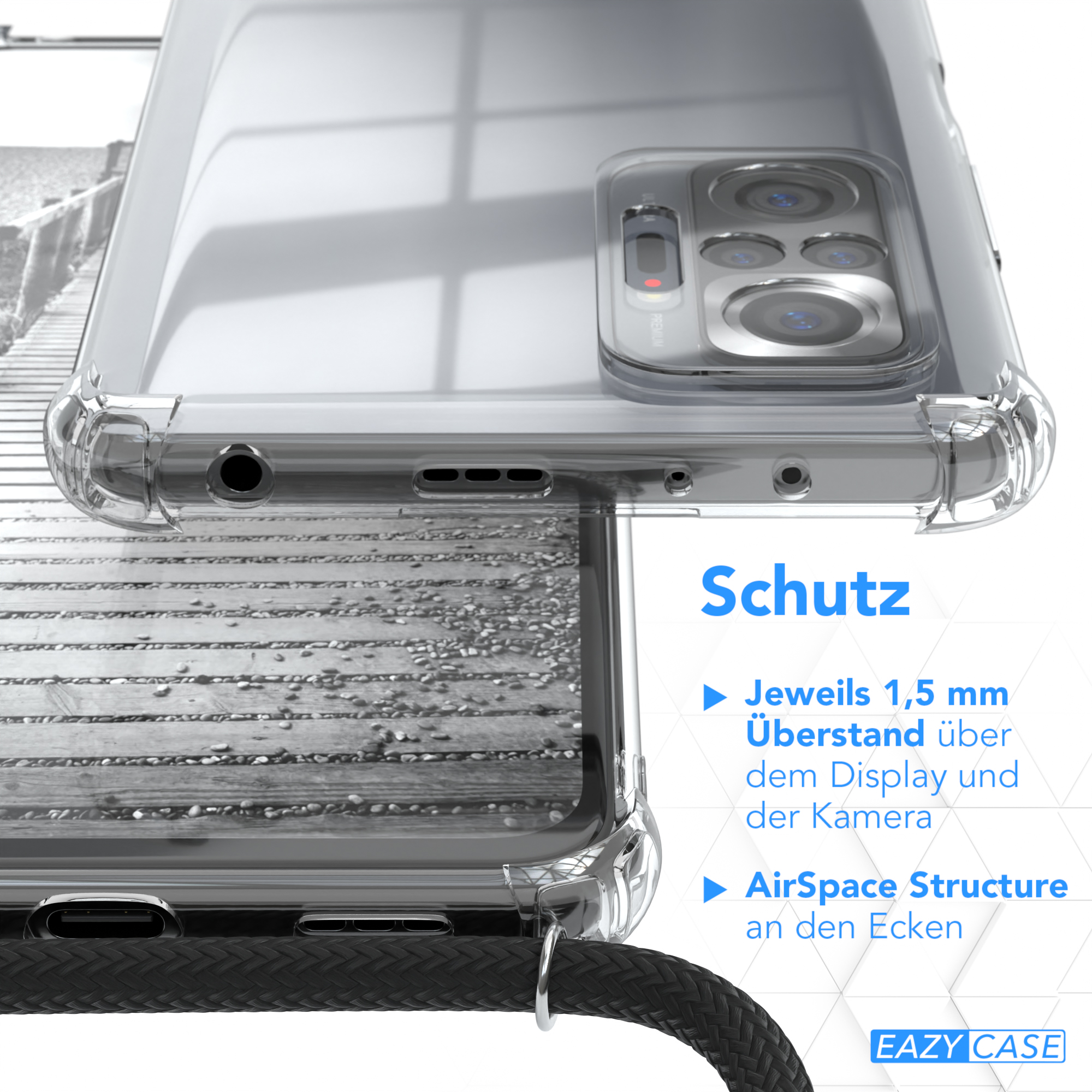 Transparente Handyhülle über grauer Oberfläche. Text zeigt Eigenschaften der Hülle.