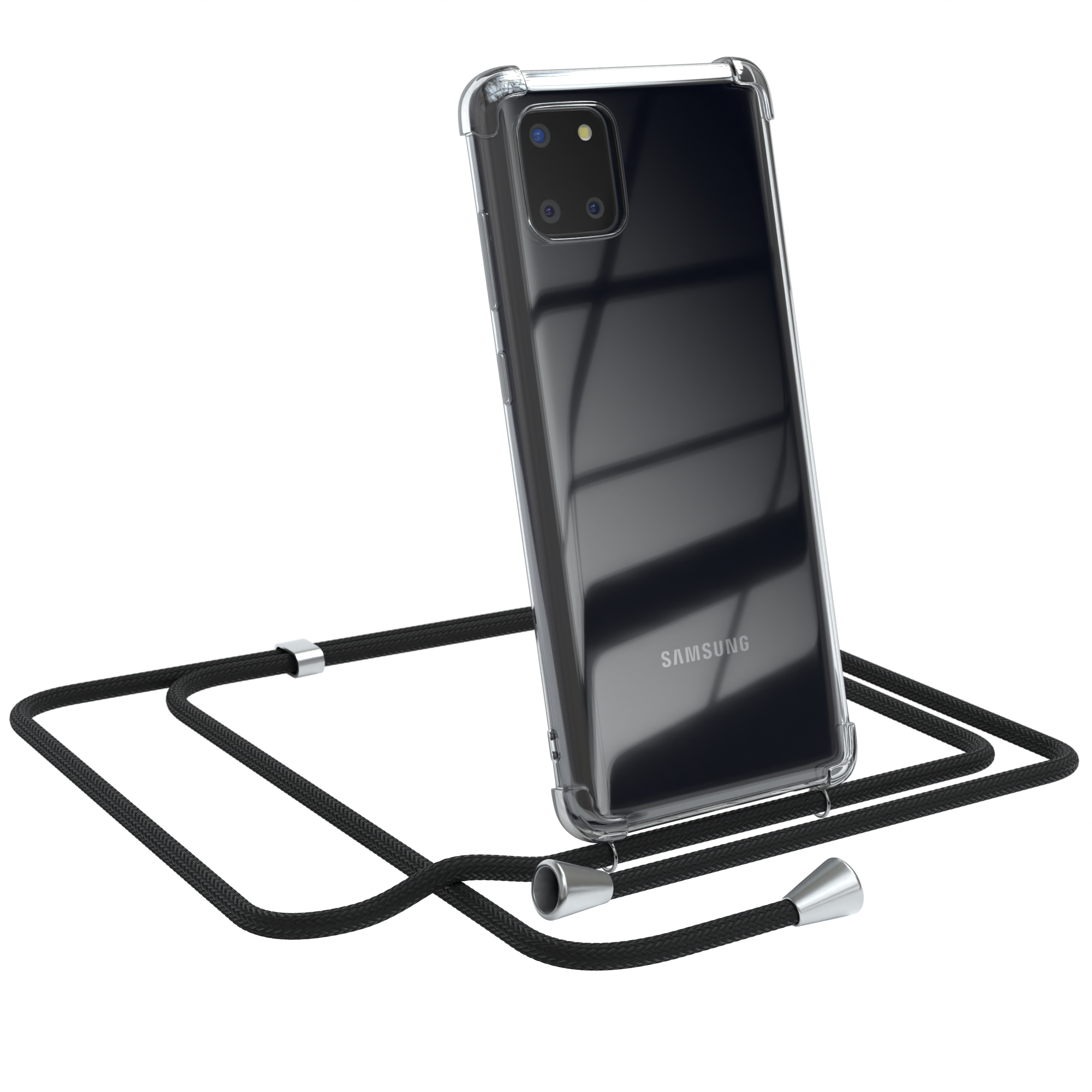 Ein Telefon in einer transparenten Hülle mit schwarzem Riemen. Das Telefon lehnt sich. Samsung-Logo sichtbar.