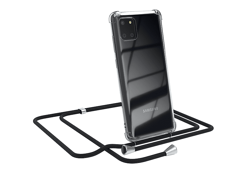 EAZY CASE Clear Cover mit Umhängeband, Umhängetasche, Samsung, Galaxy Note 10 Lite, Schwarz / Clips Silber