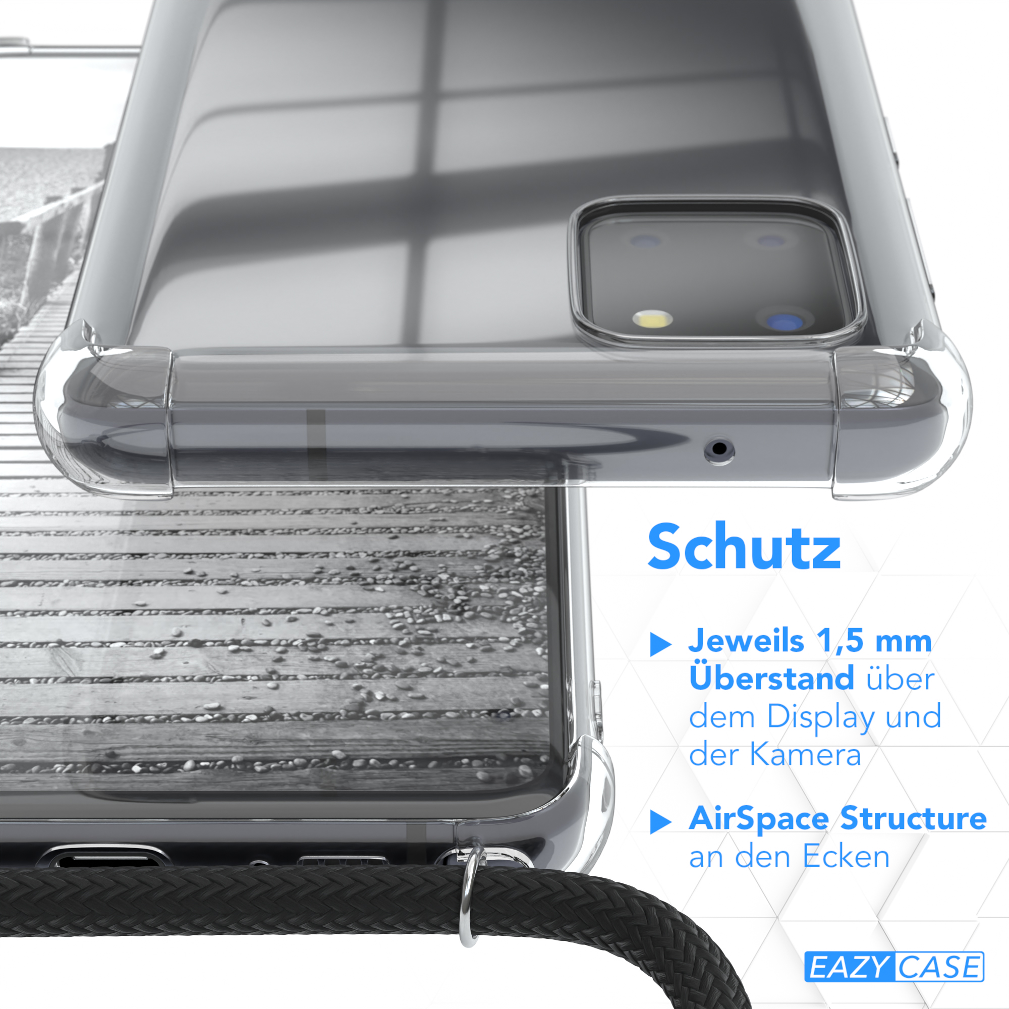 Nahaufnahme einer durchsichtigen Handyhülle. Das Gehäuse schützt das Telefon. Das Gehäuse schützt die Kamera.
