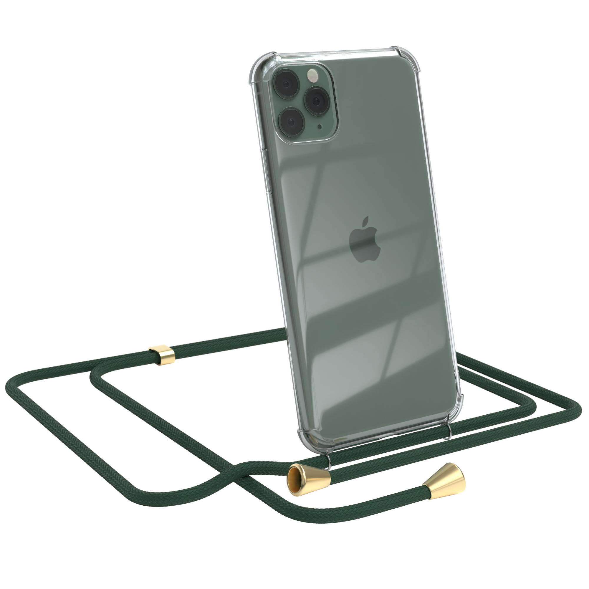 Apple, 11 Max, Pro Gold mit Cover Grün EAZY CASE Clear Umhängeband, iPhone / Clips Umhängetasche,