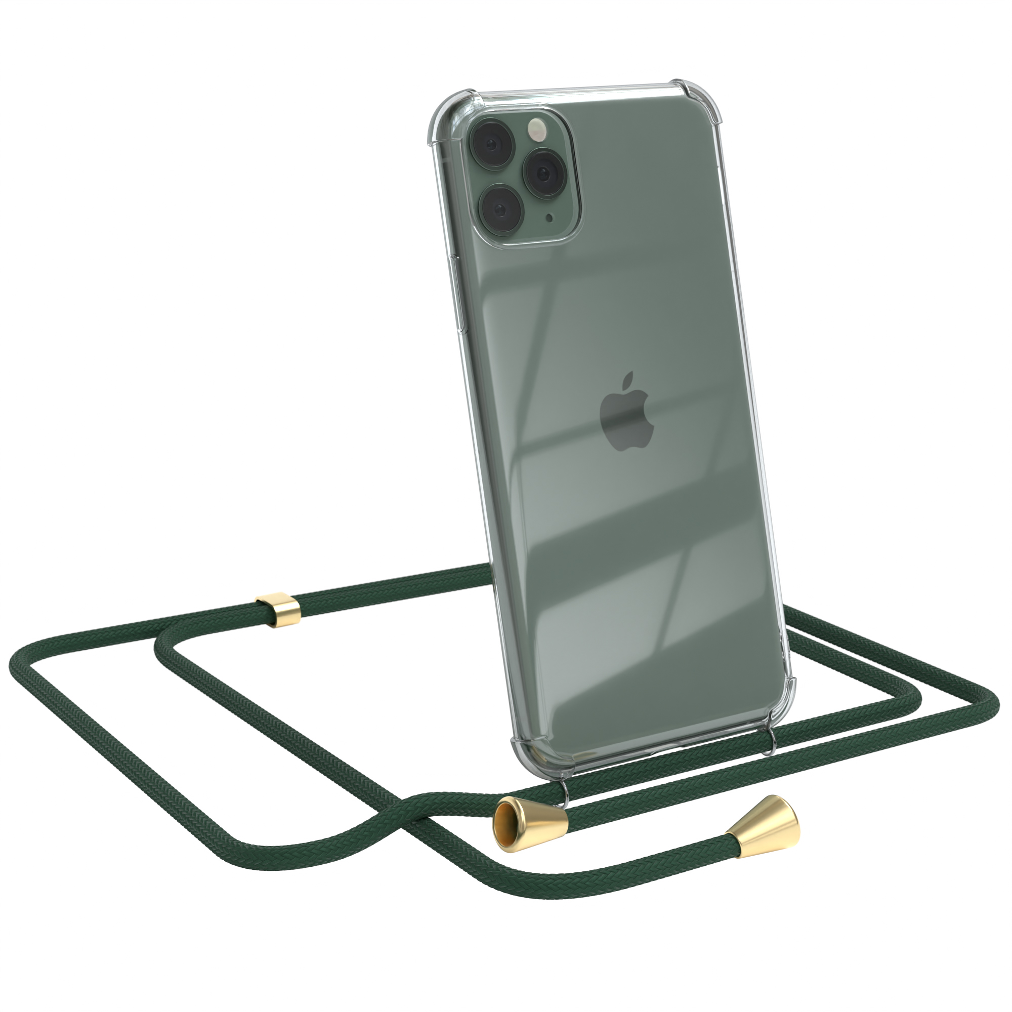 Transparente Handyhülle mit grünem Umhängeband. Ein Apple-Handy ist darin. Weißer Hintergrund.