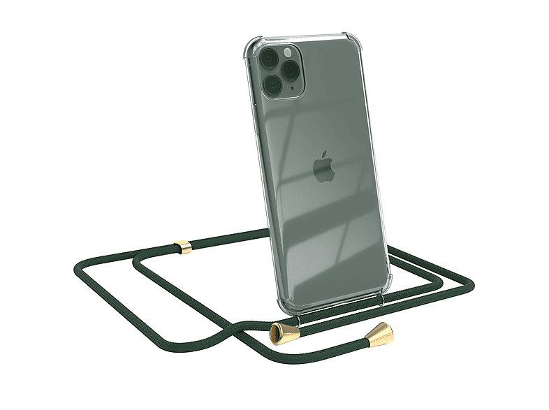 EAZY CASE Clear Cover mit Umhängeband, Umhängetasche, Apple, iPhone 11 Pro Max, Grün / Clips Gold