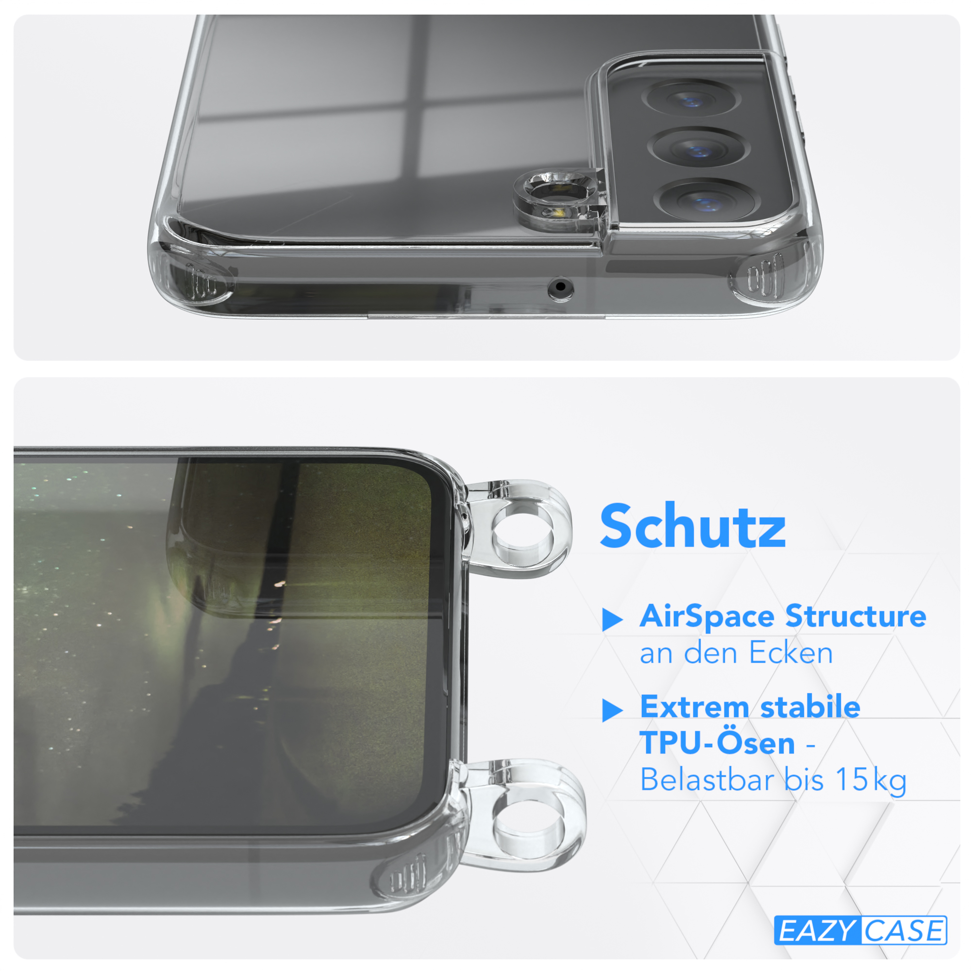 Transparente Handyhülle. Text weist auf Schutzfunktionen hin.