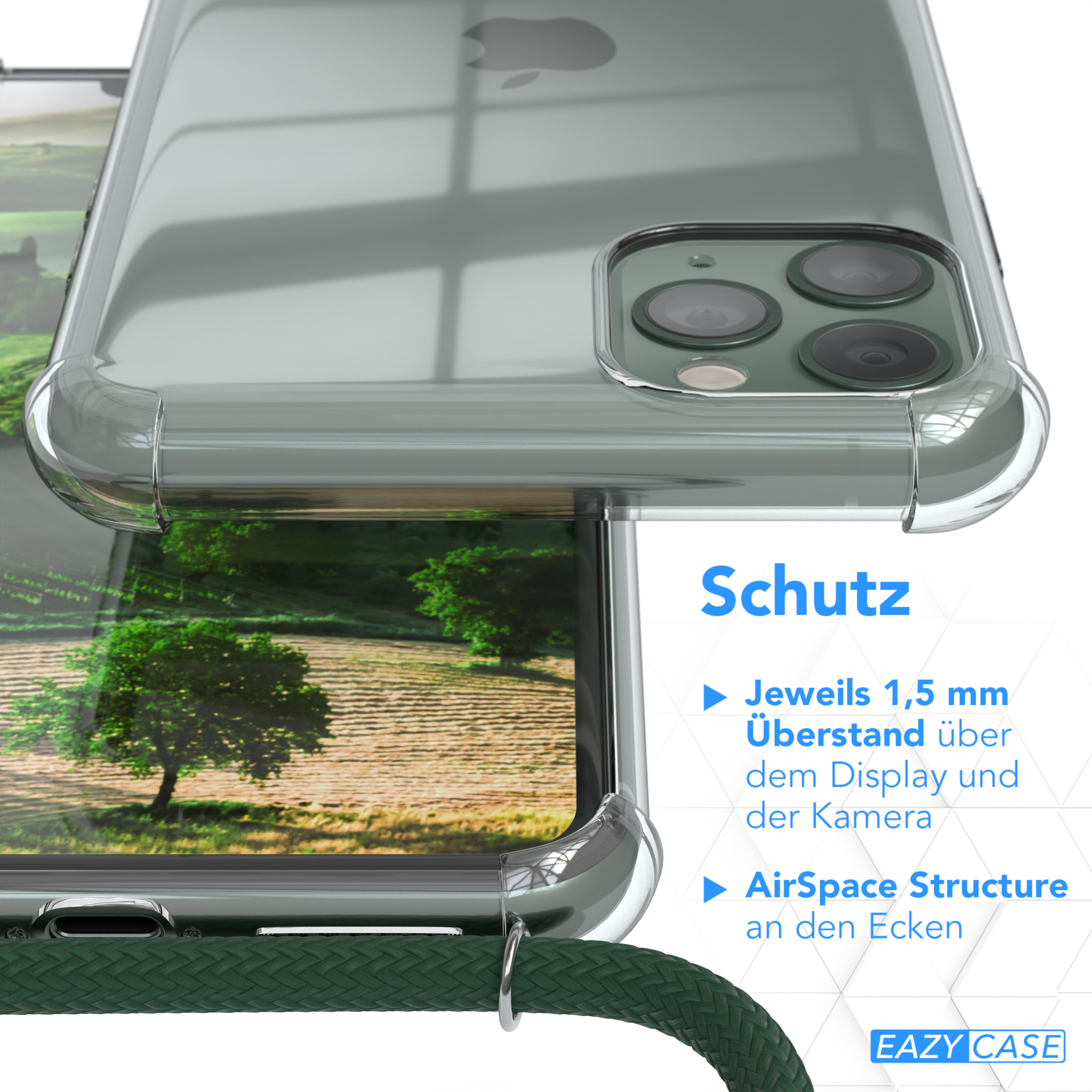 Eine transparente Handyhülle auf einem Telefon, das ein grünes Feld zeigt. Text 'Schutz' und Merkmale.