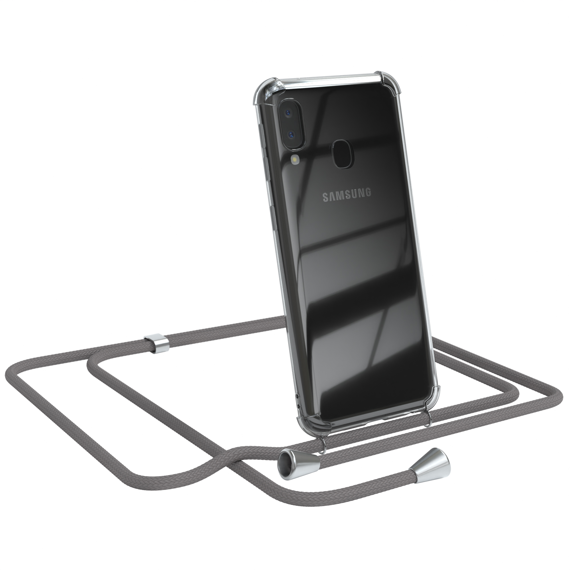 Transparente Handyhülle mit grauem Band. Samsung-Logo sichtbar. Weißer Hintergrund.