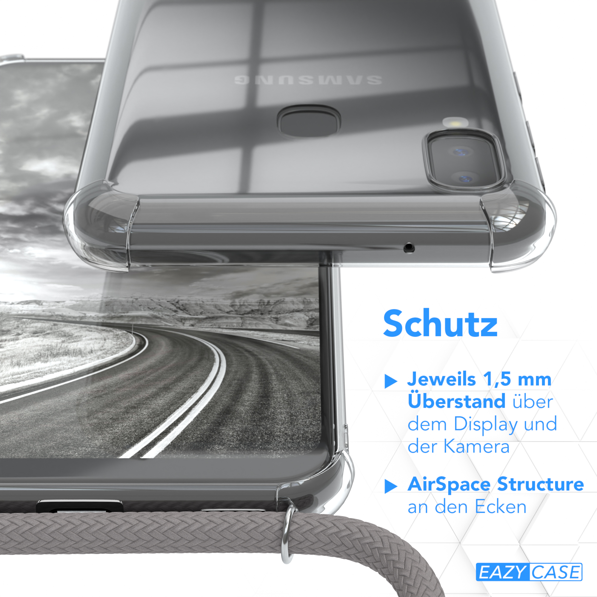 Transparente Handyhülle, Nahaufnahme. Text über Schutzfunktionen. Hintergrund zeigt eine Straße. Eazy Case Logo.
