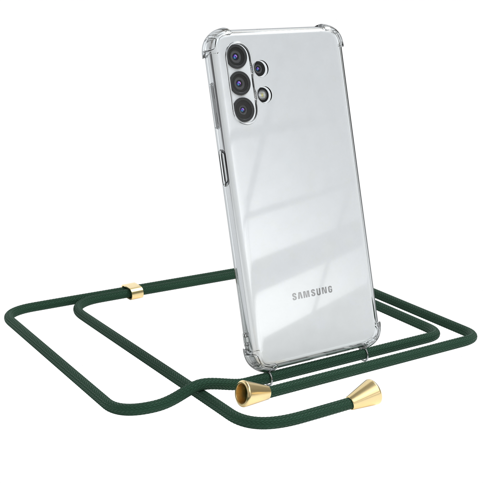 EAZY CASE Clear Cover mit Clips Grün / 5G, Gold Umhängeband, A32 Umhängetasche, Samsung, Galaxy