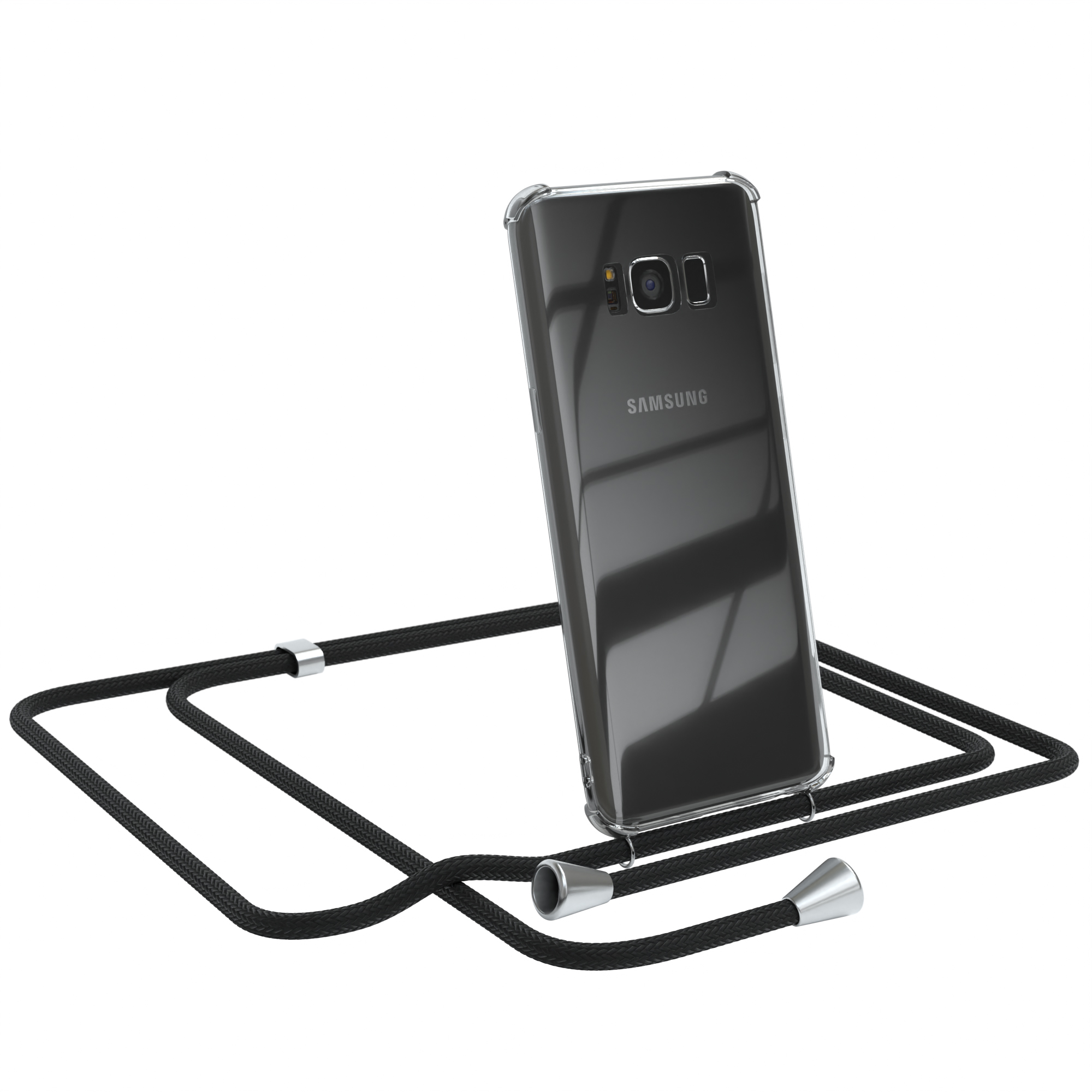 Transparente Hülle mit schwarzem Lanyard. Samsung-Telefon.