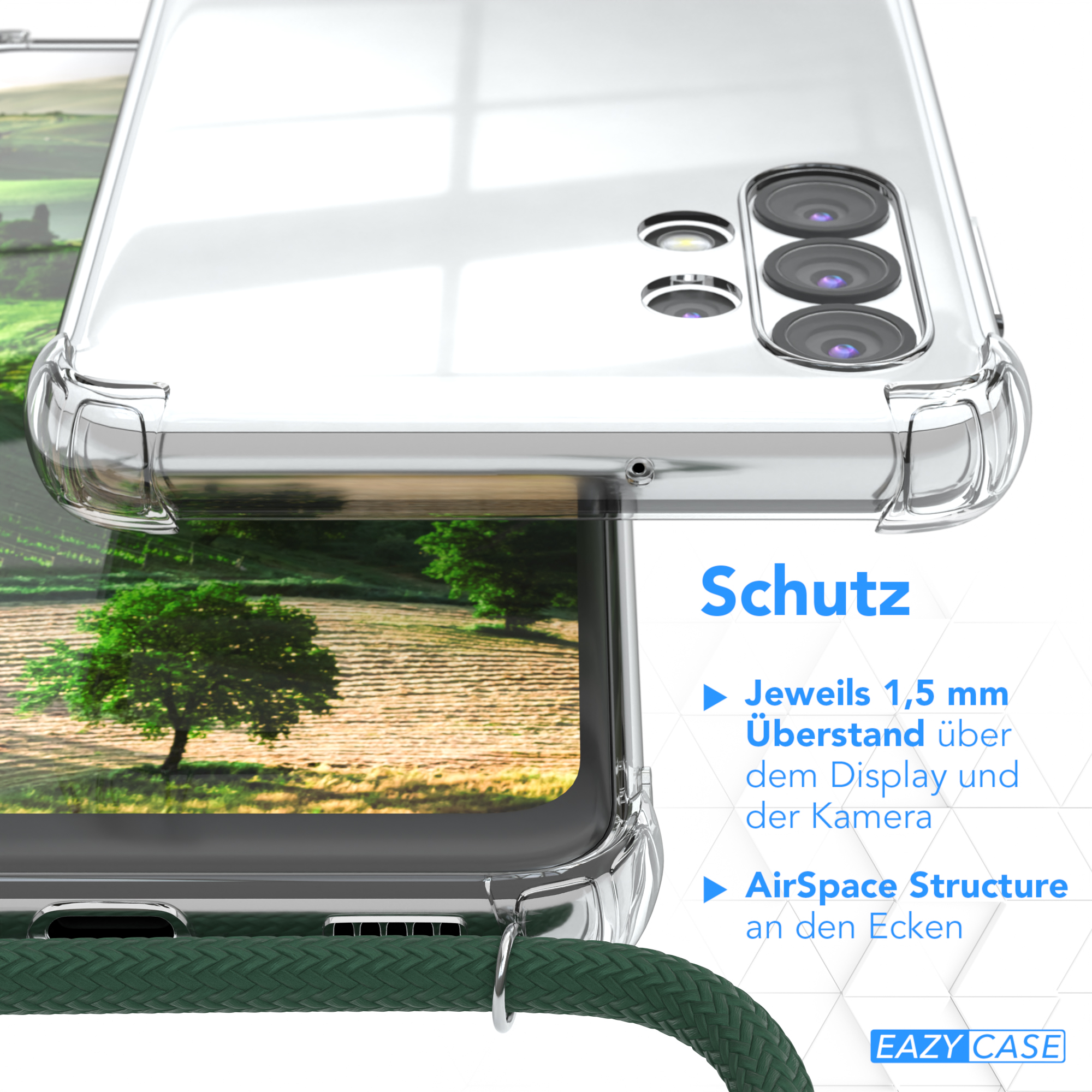 Transparente Handyhülle auf einem Telefon. Grünes Seil am Telefon befestigt. Text: Schutz, AirSpace Structure.