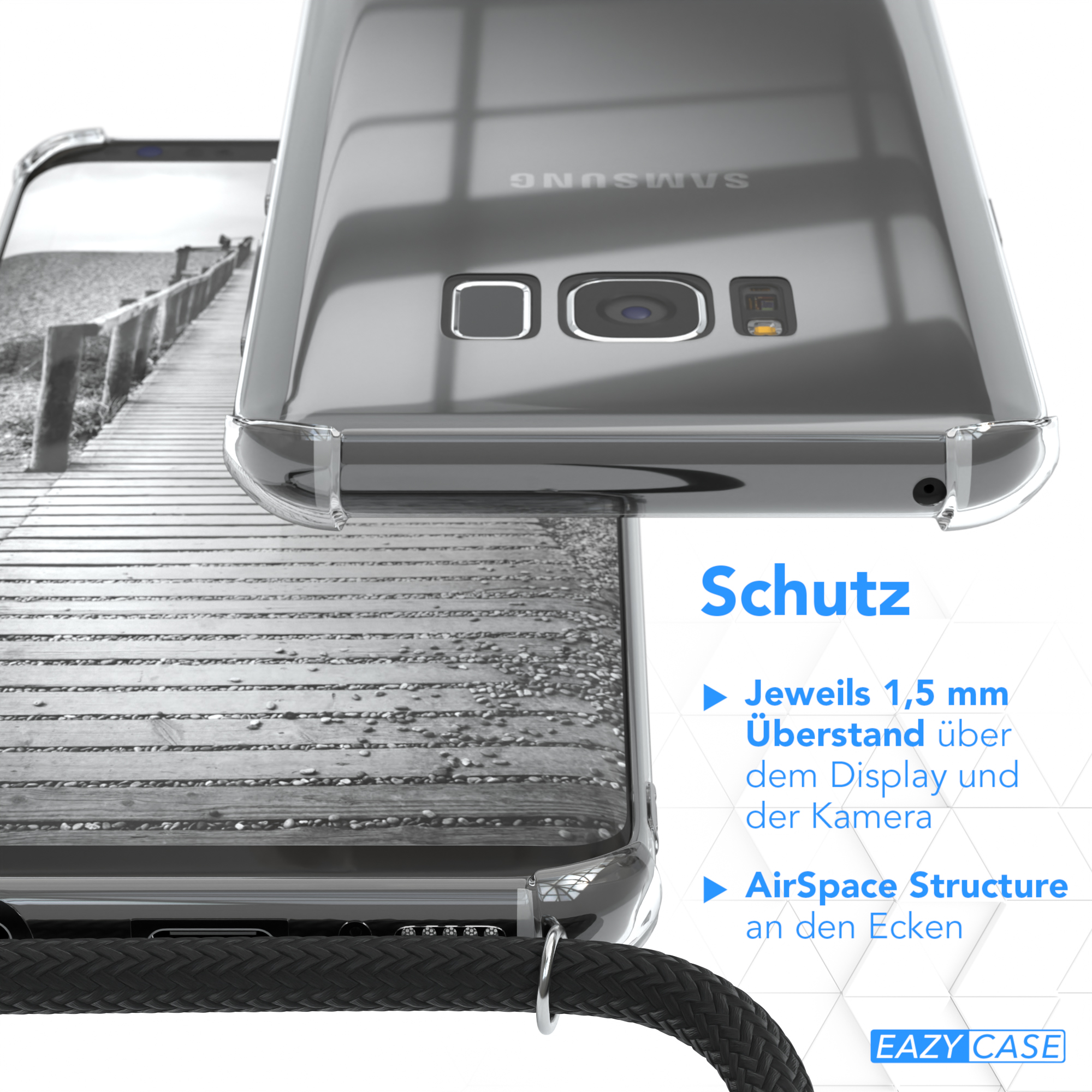 Eine transparente Handyhülle mit Text: Schutz. Die Hülle liegt auf Holzplanken.