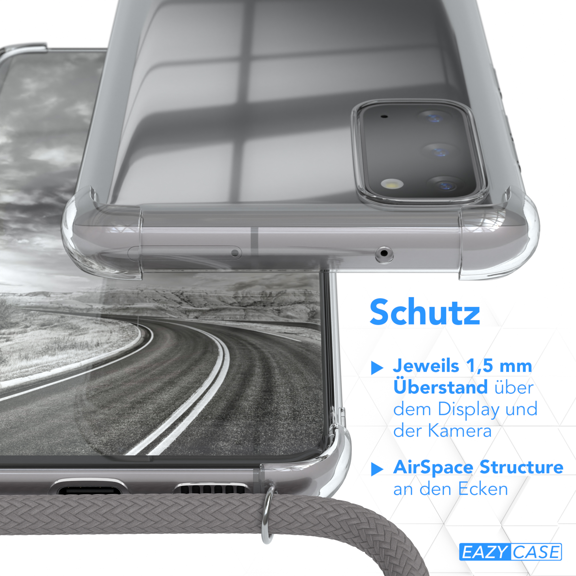 Nahaufnahme einer Handyhülle über einem Straßenbild. Text lautet "Schutz".