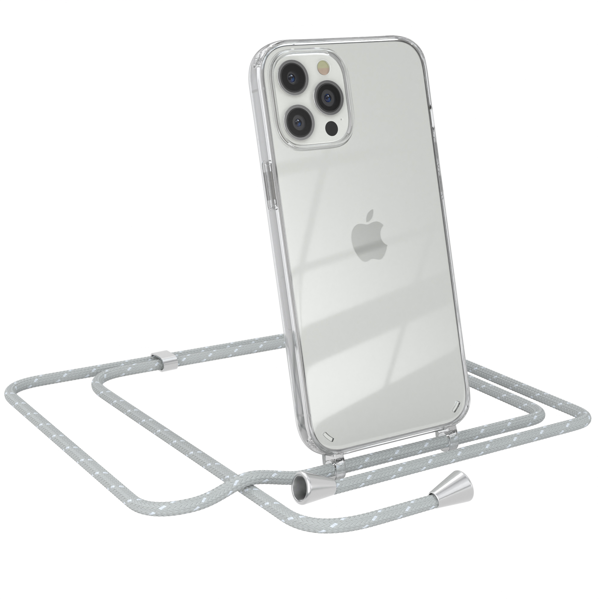 Transparente iPhone-Hülle mit grauem Lanyard auf weißem Hintergrund. Apple-Logo sichtbar.