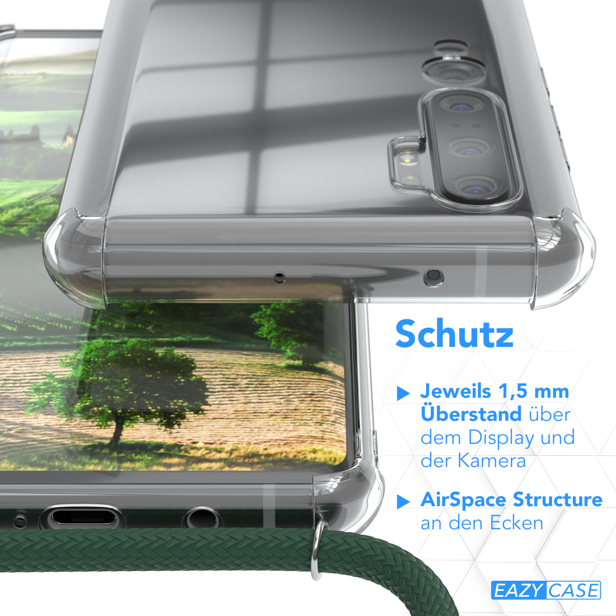 Nahaufnahme einer durchsichtigen Handyhülle mit grünem Lanyard-Detail und dem Wort 'Schutz'.