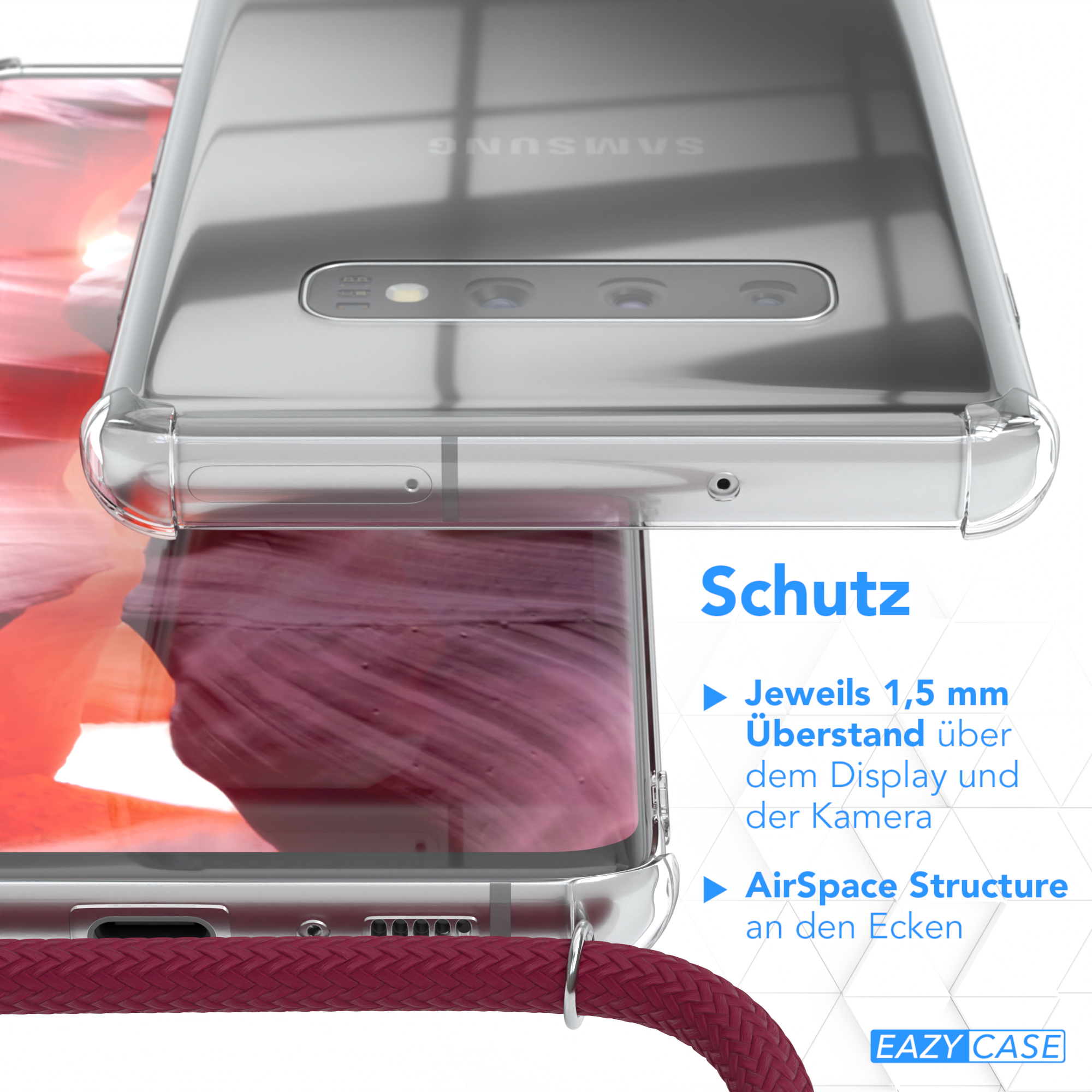 Transparente Handyhülle mit weinrotem Riemen. Text: Schutz. Merkmale: 1,5 mm Überstand.