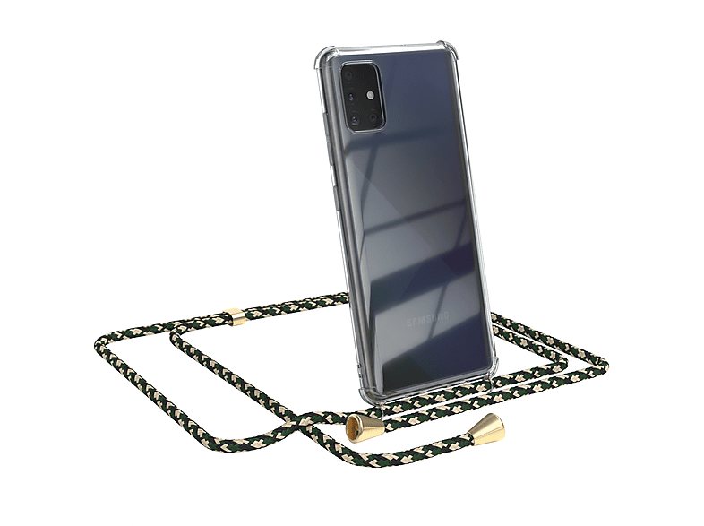 EAZY CASE Clear Grün mit Umhängeband, A51, Camouflage Galaxy Cover Samsung, Umhängetasche, / Gold Clips