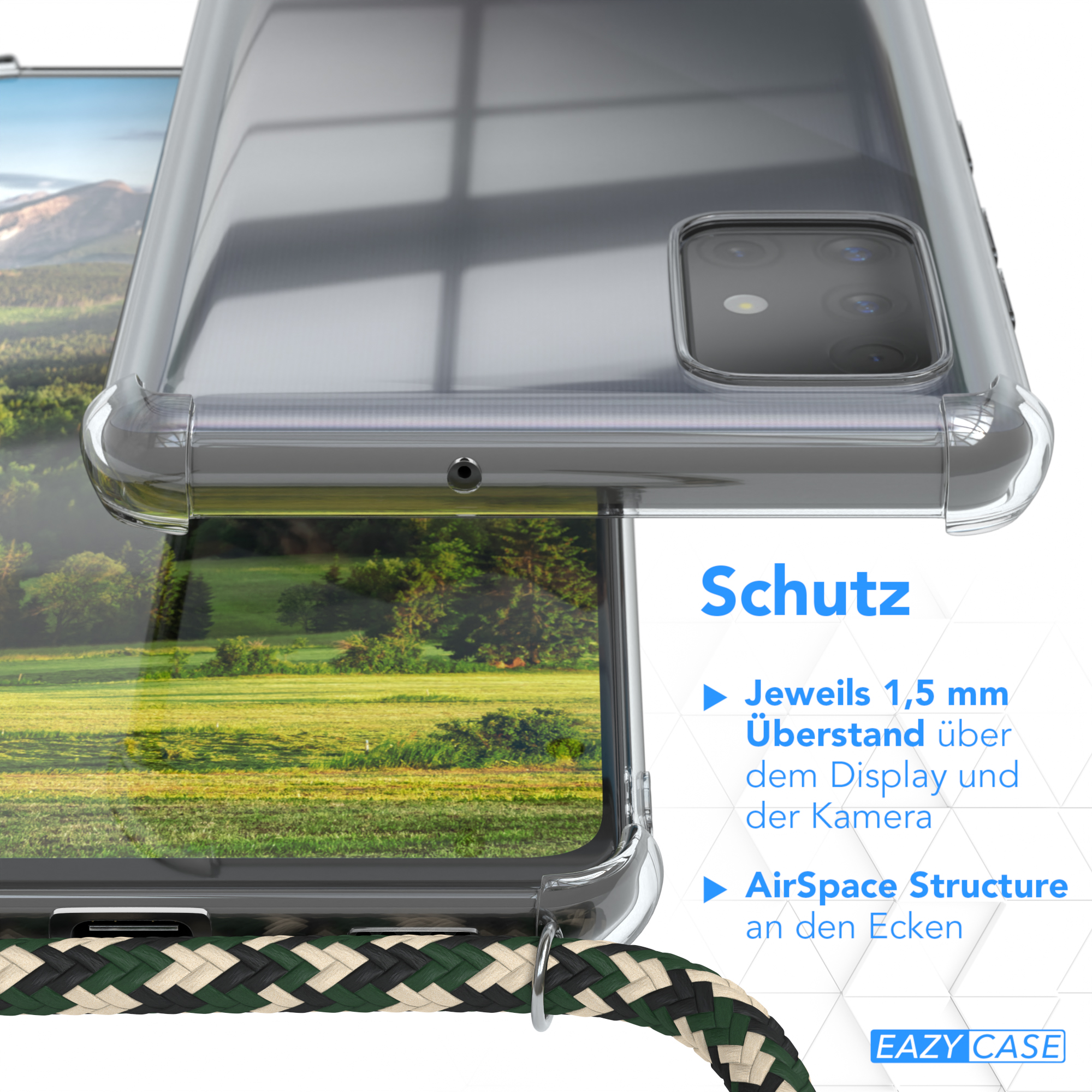EAZY CASE Clear Cover mit Grün Samsung, Camouflage / Umhängetasche, A51, Gold Galaxy Clips Umhängeband