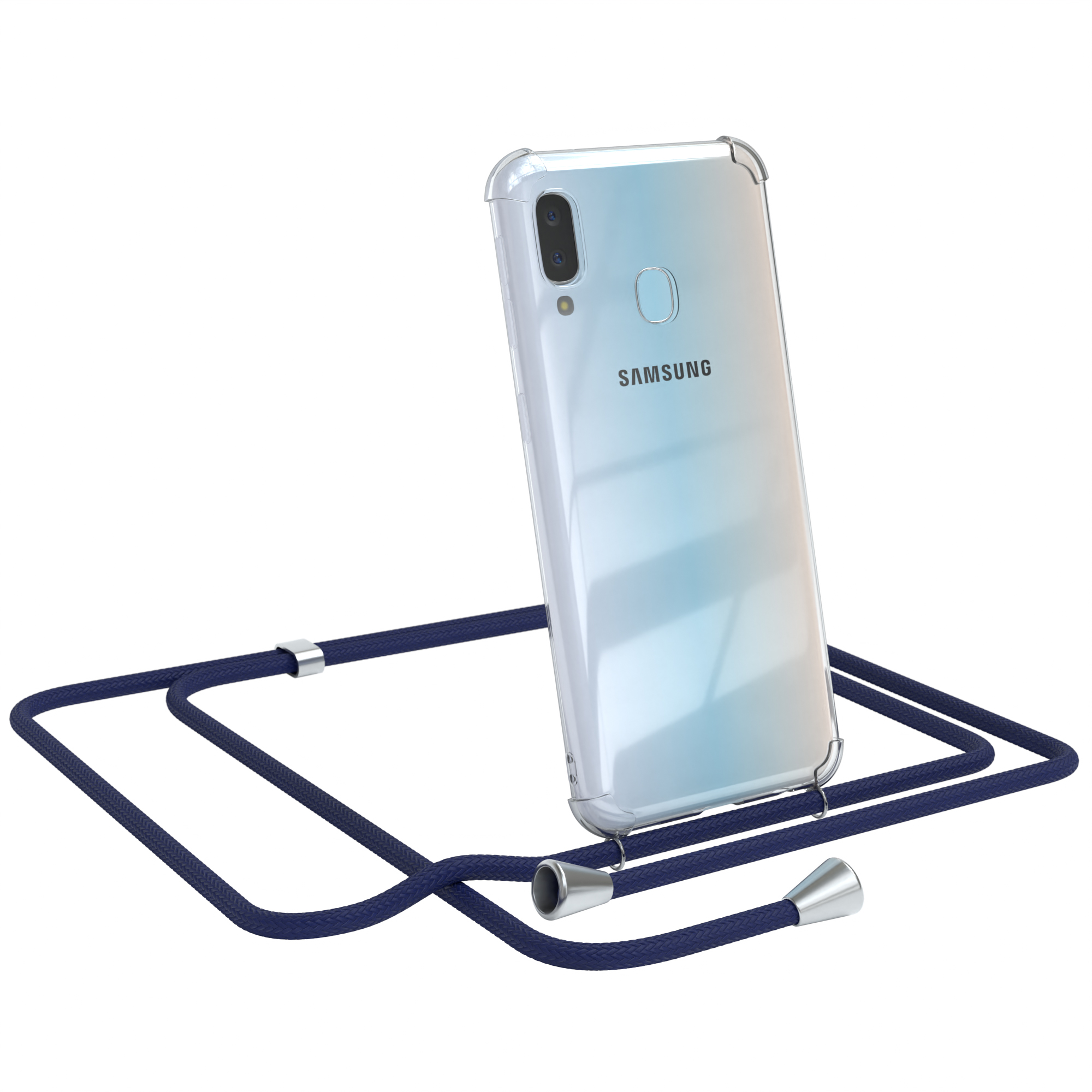 Telefon mit transparentem Gehäuse und marineblauem Riemen. Samsung-Telefon.