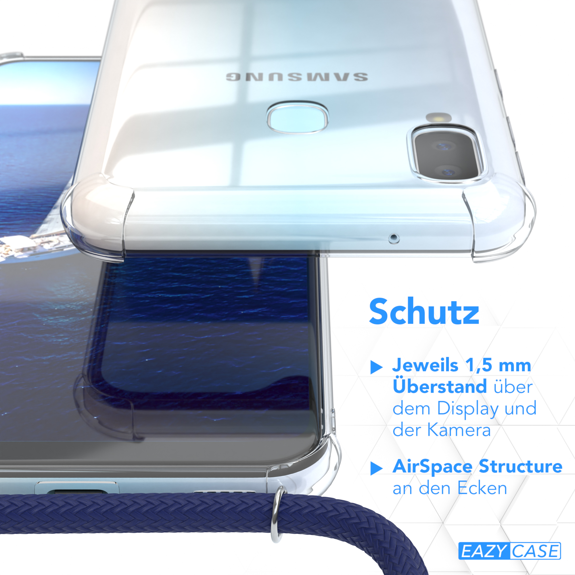 Transparente Handyhülle mit blauem Band. Das Telefon liegt auf blauem Grund.