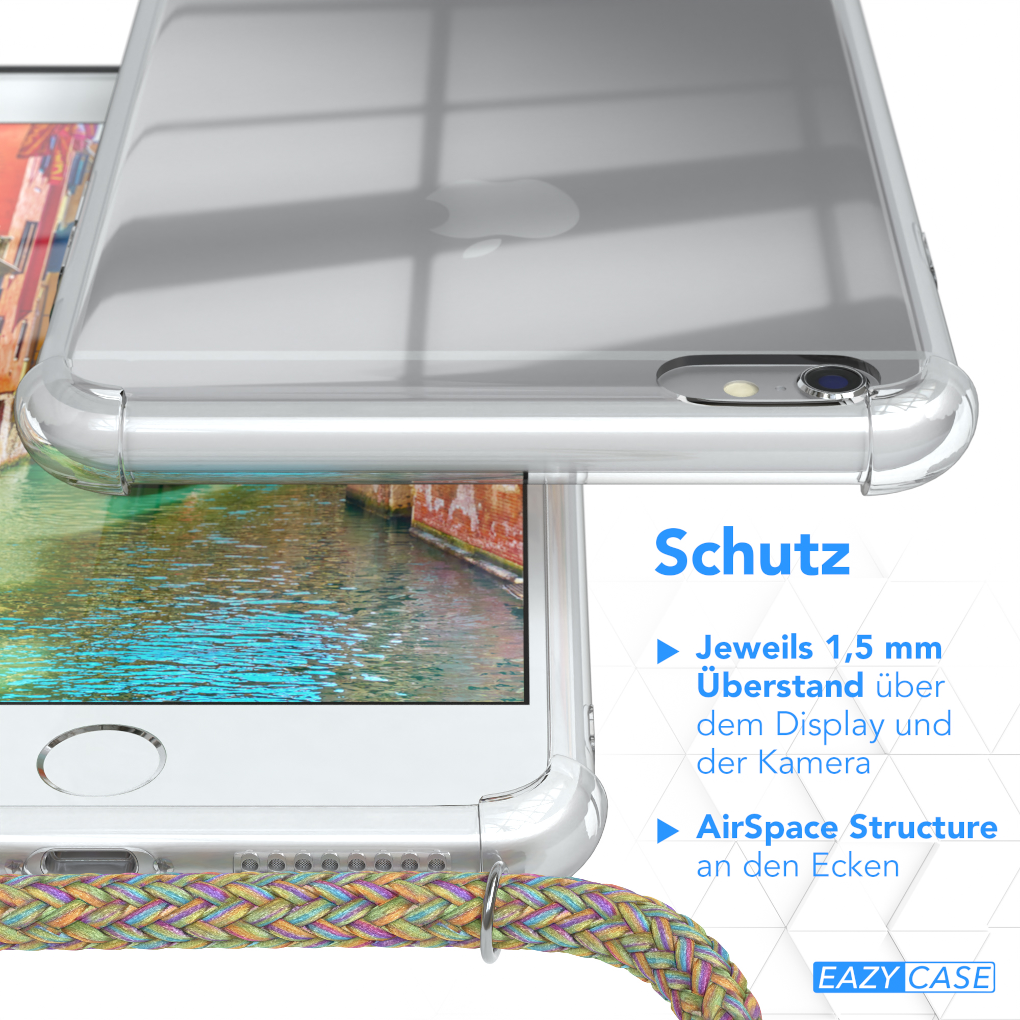 Nahaufnahme einer transparenten Handyhülle mit einem Seil. Text auf dem Bild beschreibt Schutzfunktionen.