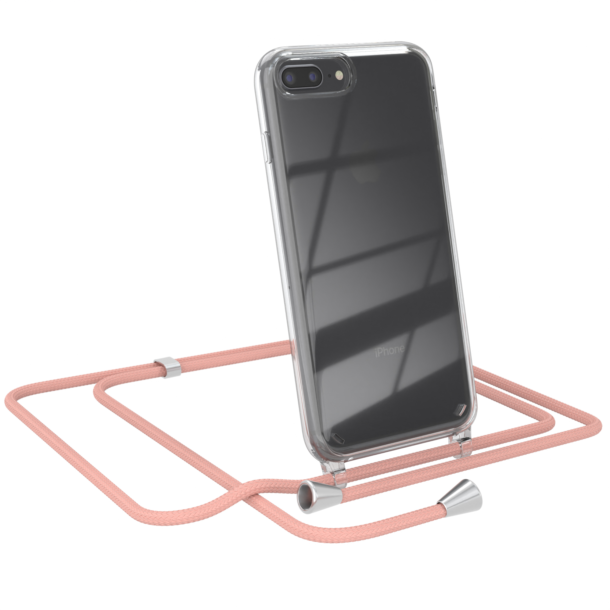 Transparente Handyhülle mit rosa Band. Das Telefon ist geneigt.