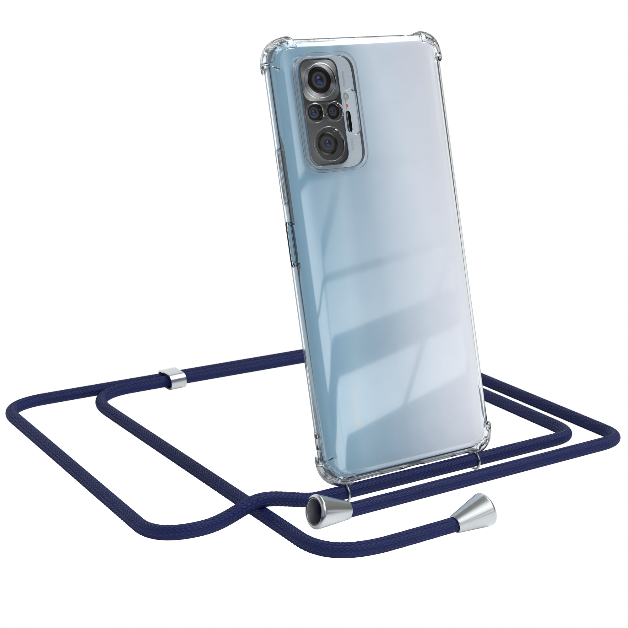 Transparente Handyhülle mit blauem Umhängeband. Telefon ist angewinkelt, Kameras sichtbar. Weißer Hintergrund.