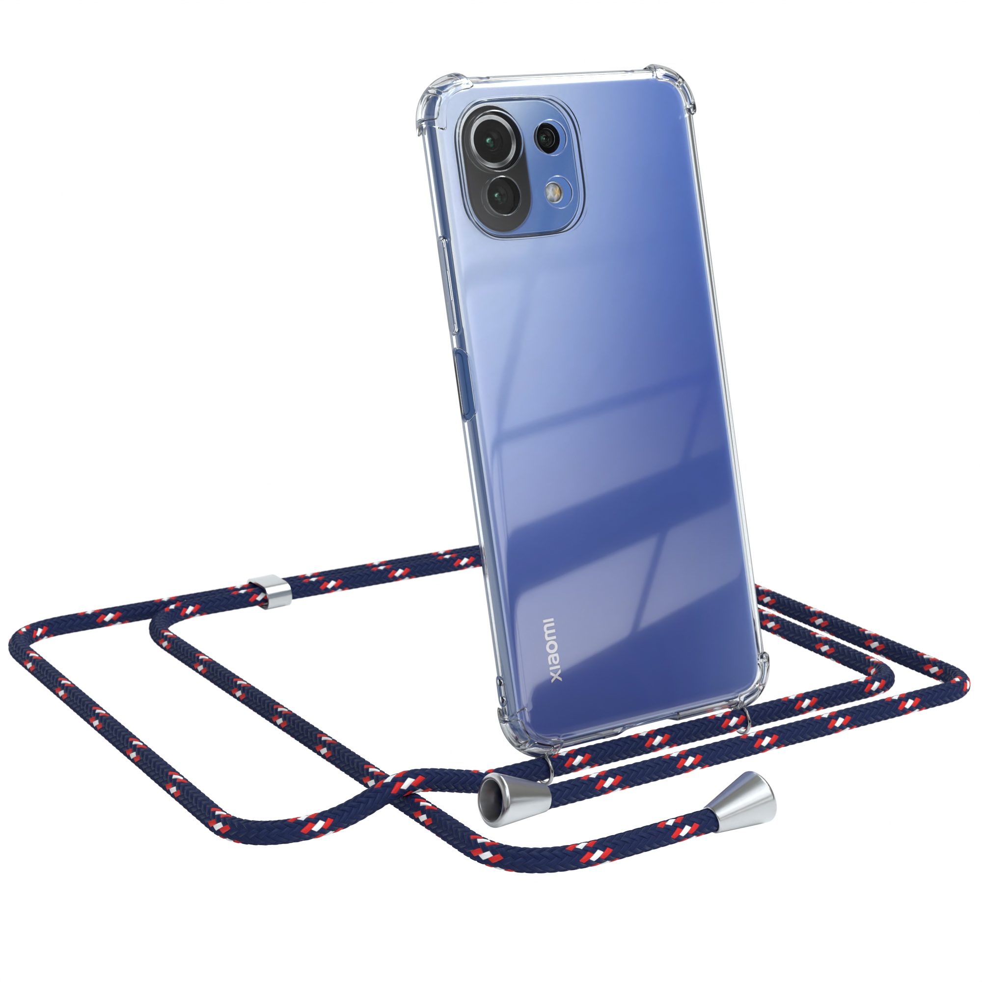 Transparente Handyhülle mit blau-rotem Lanyard. Xiaomi-Telefon sichtbar. Weißer Hintergrund.