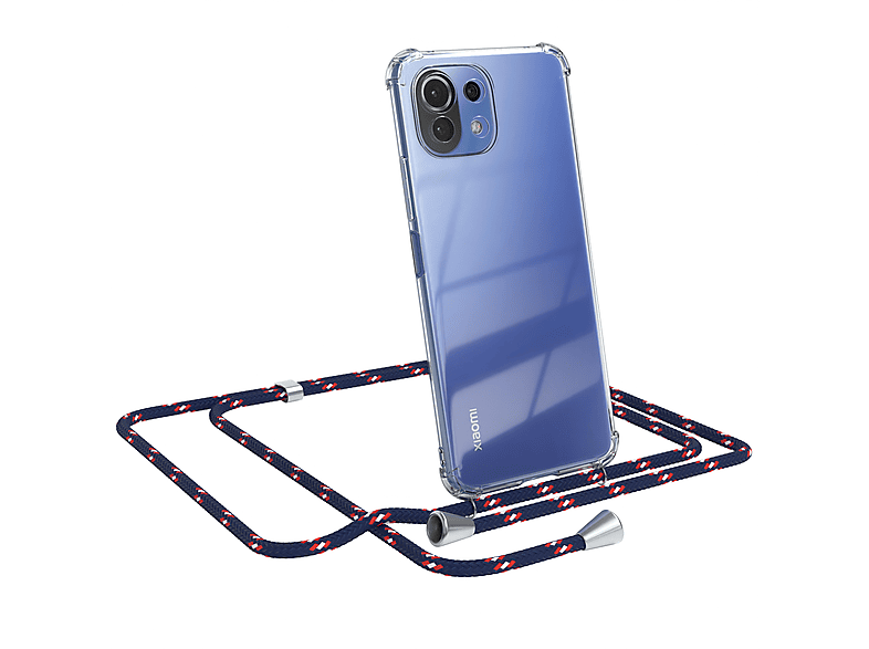 EAZY CASE Clear Cover mit Umhängeband, Umhängetasche, Xiaomi, Mi 11 Lite / 5G / 11 Lite 5G NE, Blau Camouflage / Clips Silber
